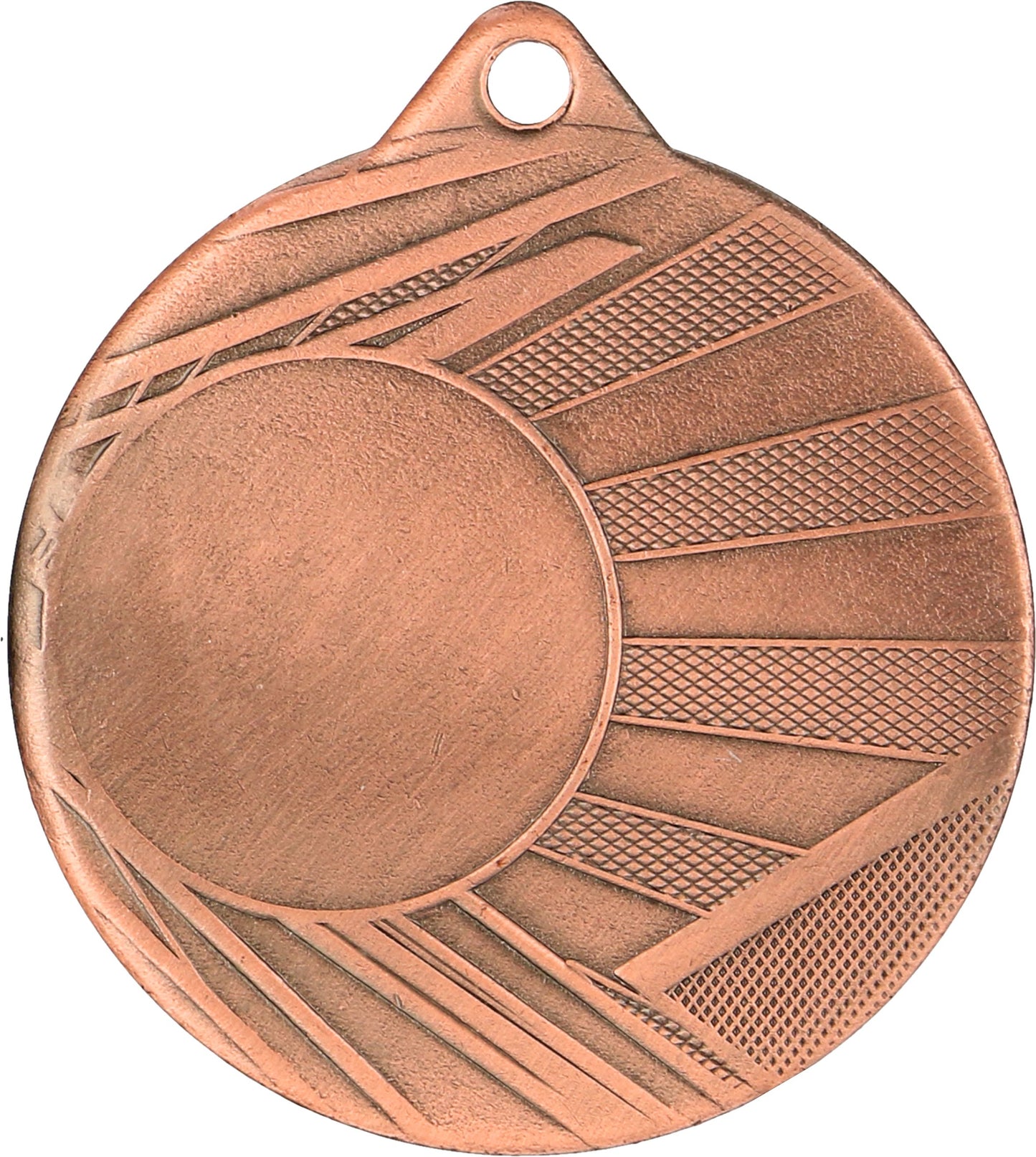 Bronzene Sportmedaille von Einkaufsgemeinschaft-Pokale mit leerer Mitte und strukturierten, geometrischen Mustern am äußeren Rand.