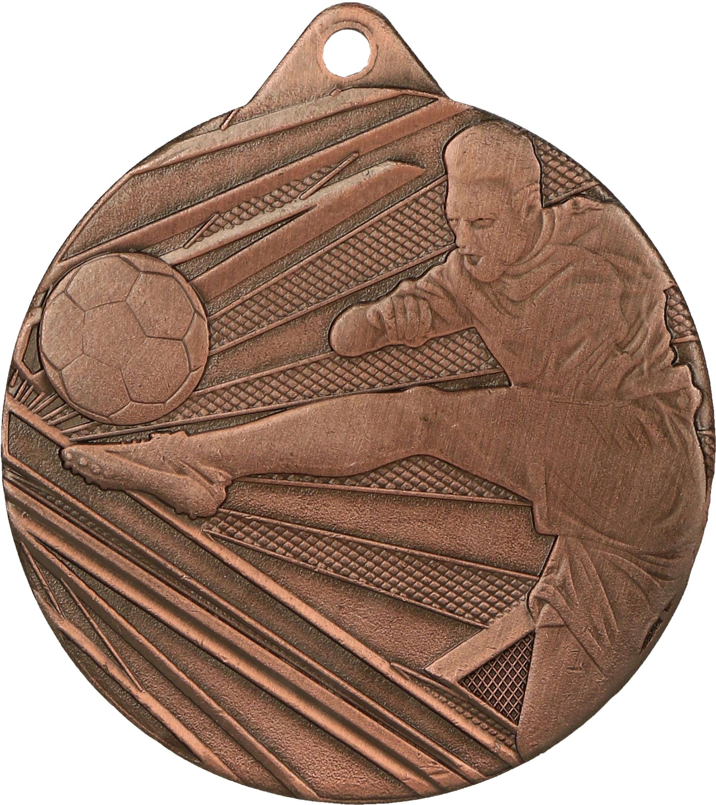 Eine Bronzemedaille von Anbieter A zeigt einen Fußballspieler, der einen Ball kickt, was ihr hochwertiges Design unterstreicht. Die Medaillen Cottbus 50 mm ME001 sind perfekt für jedes Fußballturnier.