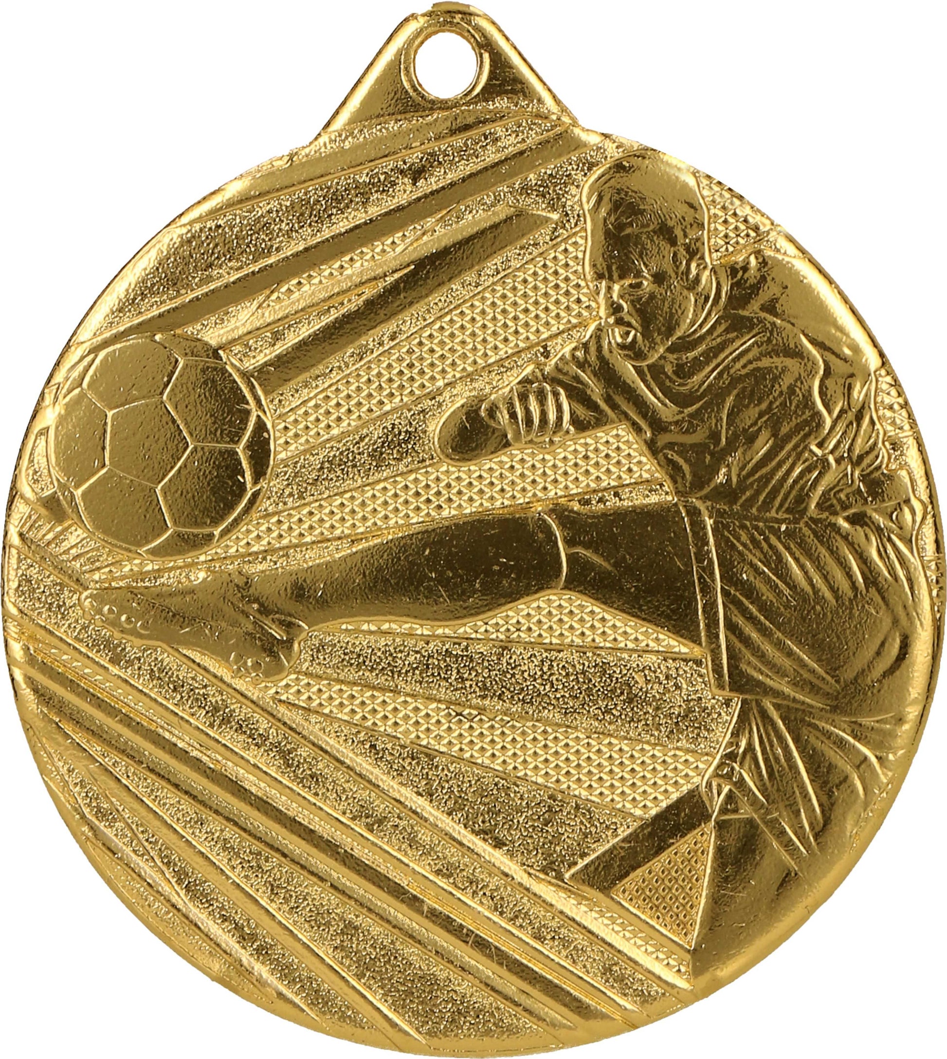 Eine Medaille Cottbus 50 mm ME001 von Anbieter A mit dem Bild eines Fußballspielers, der einen Ball kickt. Hochwertiges Design, perfekt für jedes Fußballturnier.