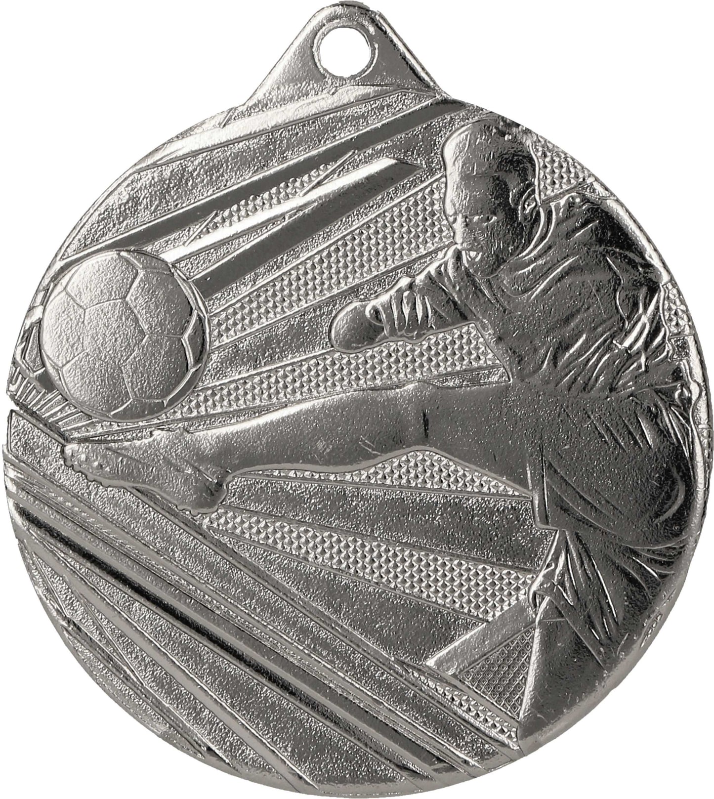 Silbermedaille von Anbieter A mit der Abbildung eines Fußballspielers, der einen Ball kickt. Hochwertiges Design, perfekt für jedes Fußballturnier.