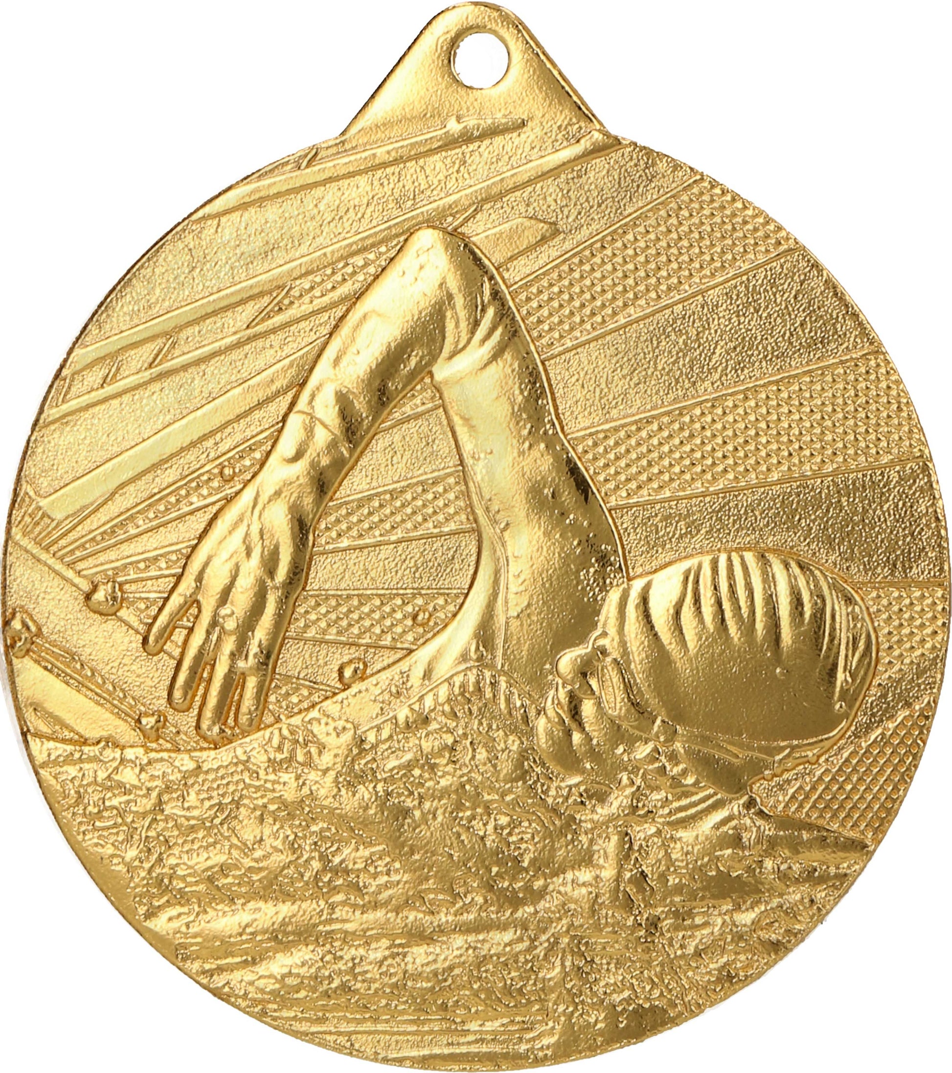 Eine Goldmedaille mit der Gravur eines Schwimmers mit Kappe und Schwimmbrille beim Kraulen, perfekt für Schwimmwettkämpfe und aus hochwertigem Material: Medaillen Potsdam 50mm ME003 von Anbieter A.