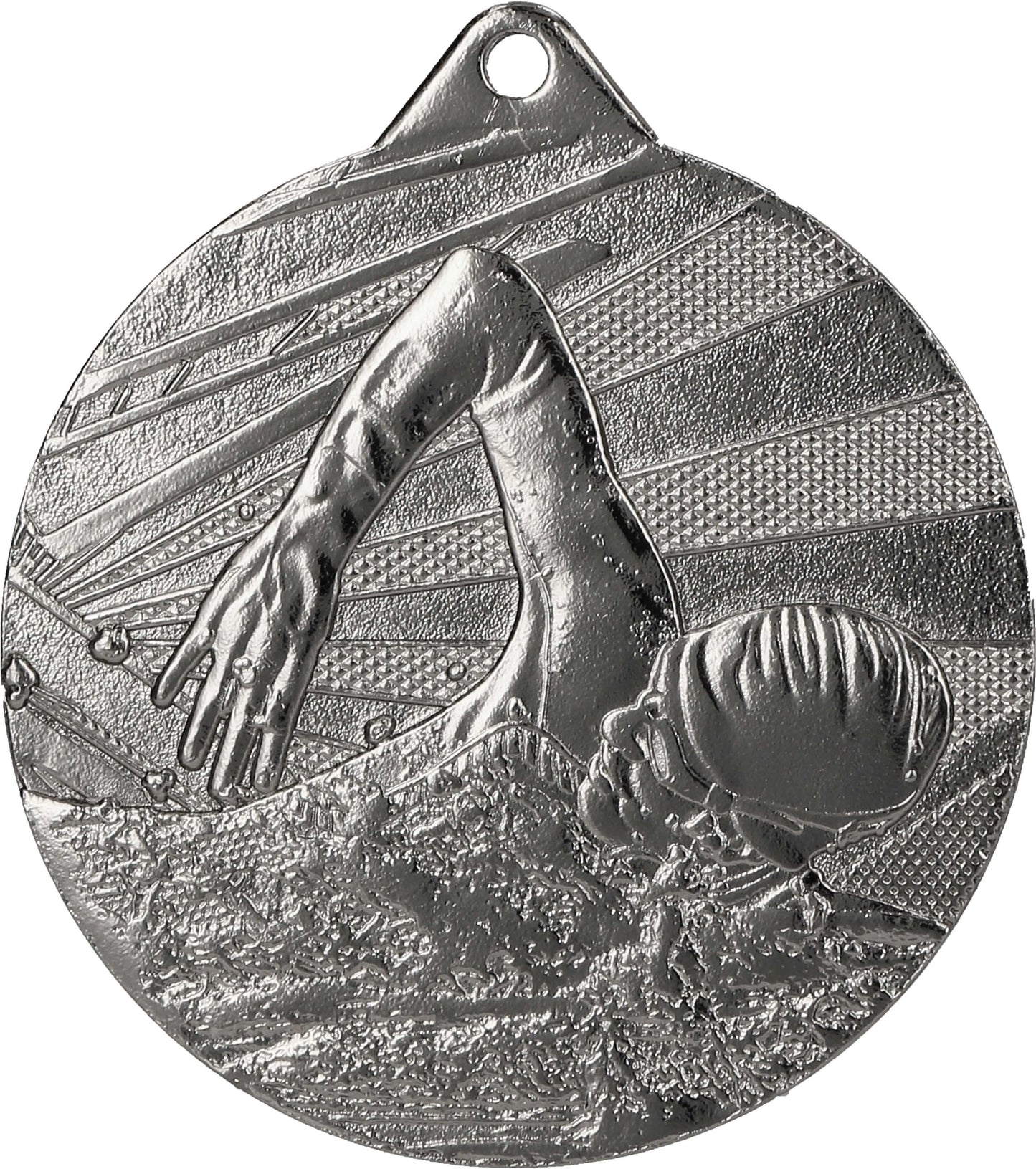 Silbermedaille mit der Abbildung eines Schwimmers im Freistil mit detaillierten Wasser- und Lichtstrahlen im Hintergrund, gefertigt aus hochwertigem Material. Perfekt für Schwimmwettkämpfe, organisiert von Medaillen Potsdam 50mm ME003 von Anbieter A.