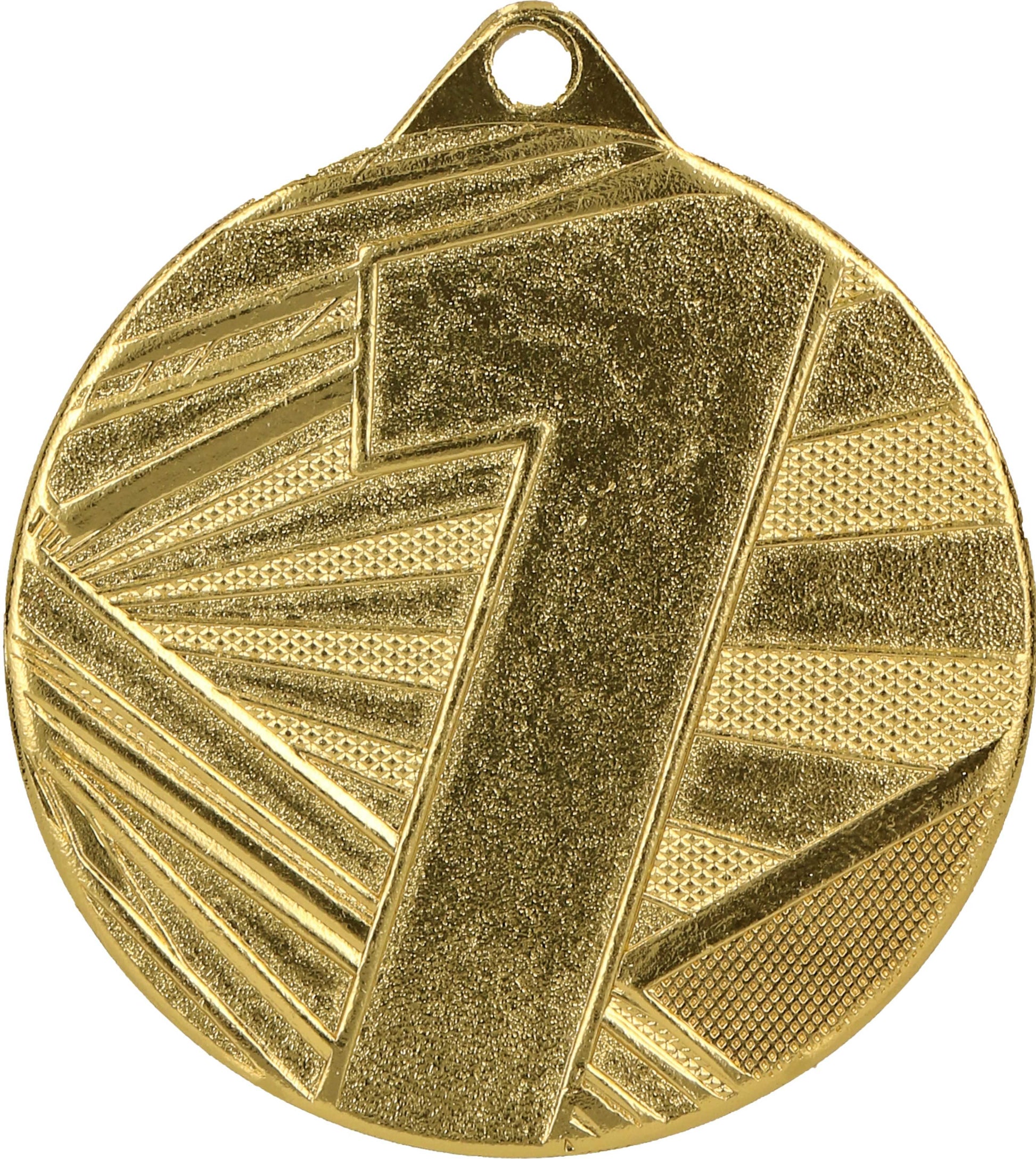 Eine runde Goldmedaille, hergestellt von Anbieter A, mit einer strukturierten Oberfläche und einer markanten Zahl „1“ in der Mitte, die herausragenden Erfolg und Anerkennung symbolisiert. Das Produkt ist die Medaillen Leverkusen 50 mm ME005.