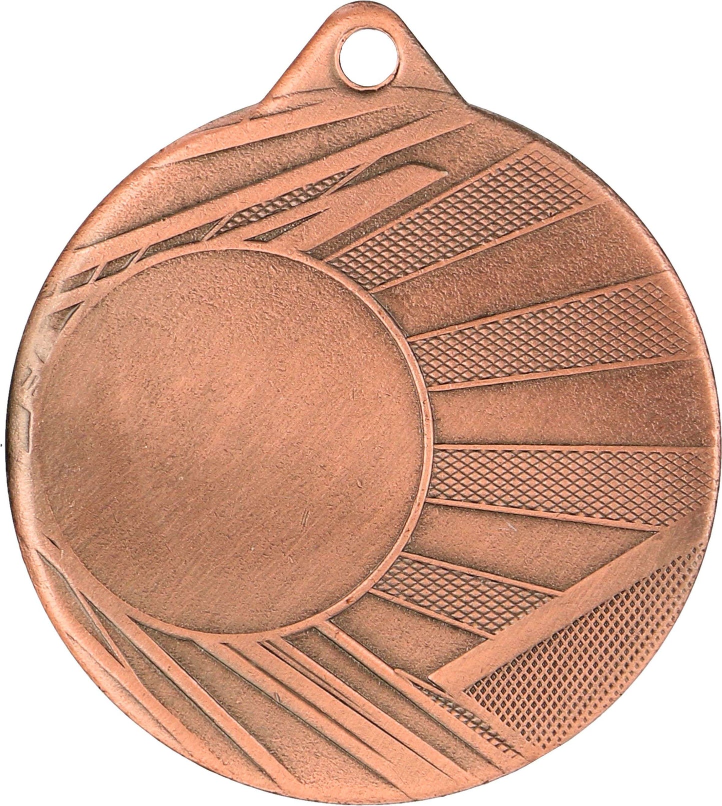 Eine Bronzemedaille mit geometrischem Design und Strahlen, die von einem zentralen Kreis ausgehen, ideal für sportliche Anlässe, Medaillen Kiel 50 mm ME006 von Anbieter A.