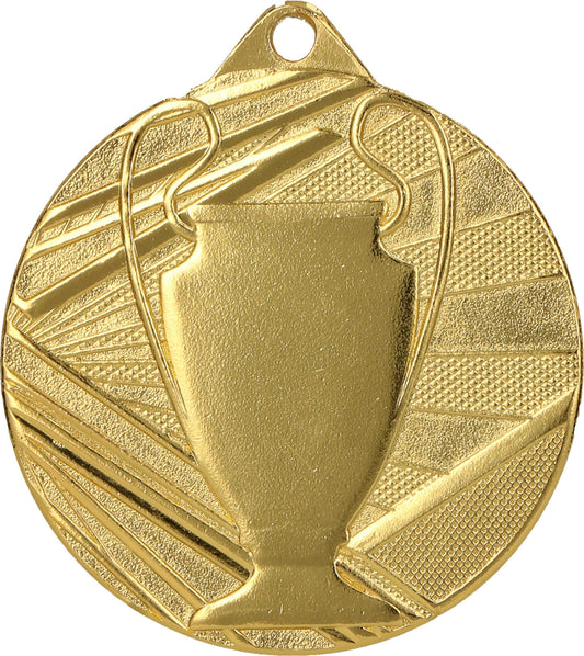 Eine Goldmedaille mit geprägtem Pokal-Design mit abstrakten Mustern im Hintergrund, perfekt für jede Sportveranstaltung. Die Medaillen Paderborn 50mm ME007 von Anbieter A.