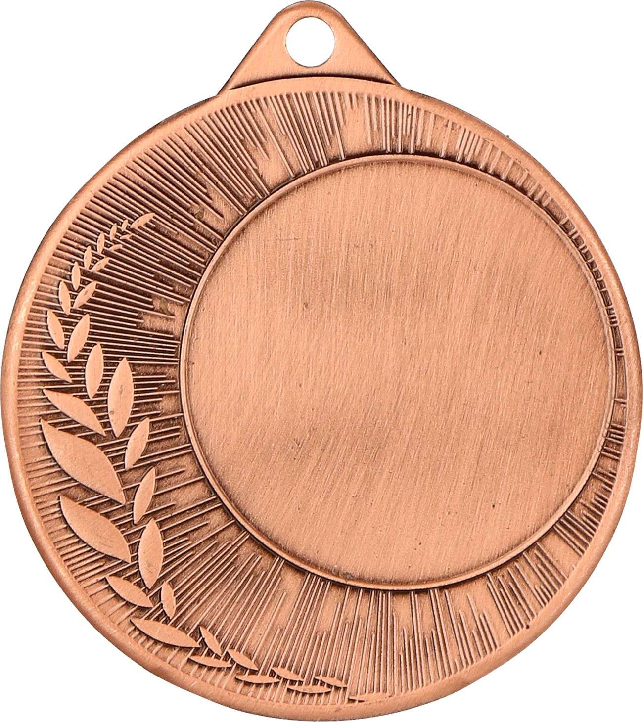 Eine runde, bronzefarbene Medaille mit leerer Mitte und dekorativem Lorbeerblattdesign am linken Rand. Die Medaillen Bremen 40mm ME0240 von Anbieter A, perfekt für Leistungen würdig, hat oben ein kleines Loch zum Befestigen eines Bandes oder einer Kordel.