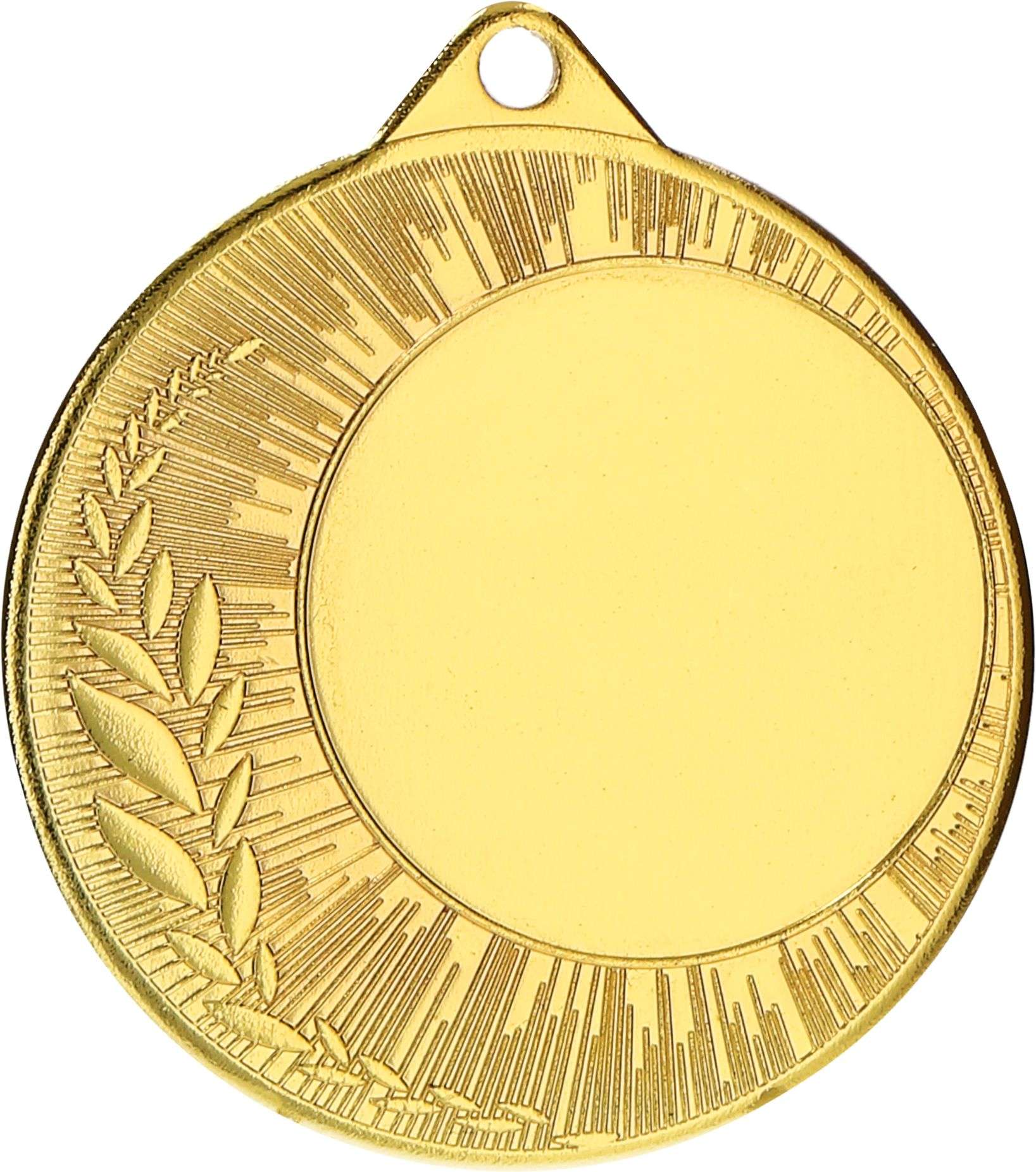 Eine runde Goldmedaille mit leerer Mitte, einem geprägten Lorbeerzweig und strahlenförmigen Linien um den Rand. Oben befindet sich ein kleines Loch zur Befestigung, perfekt für diejenigen, die würdige Leistungen mit hochwertigen Medaillen Bremen 40 mm ME0240 von Anbieter A zeigen möchten.