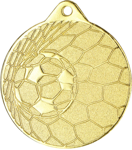 Eine Medaille Hildesheim 50 mm MMC0350 von Anbieter A mit dem erhabenen Design eines Fußballs, der in ein Netz trifft, ist die perfekte Möglichkeit, die Gewinner einer Fußballturnier zu ehren.