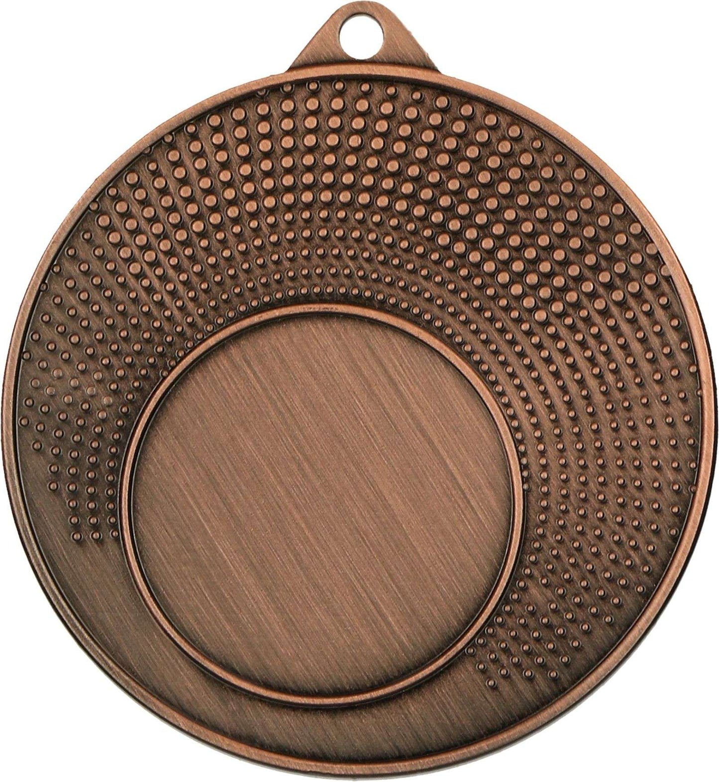 Eine runde Bronzemedaille mit einem strukturierten Design aus kleinen erhabenen Punkten, die ein Bogenmuster um die Mitte bilden. Sie hat oben eine kleine Öse zum Aufhängen, perfekt zum Gedenken an die Siegerehrung bei Medaillen Düsseldorf 40 mm MMC1140 von Anbieter A.