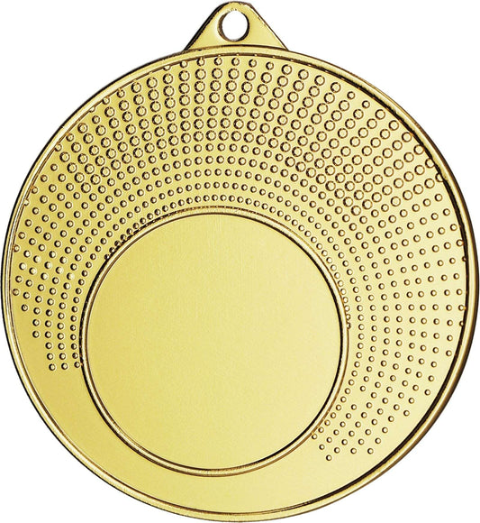 Eine runde Goldmedaille von Anbieter A’s Medaillen Düsseldorf 40 mm MMC1140 verfügt über einen leeren Mittelbereich, umgeben von konzentrischen Mustern aus kleinen geprägten Punkten, perfekt für jede Siegerehrung bei einem Sportereignis.