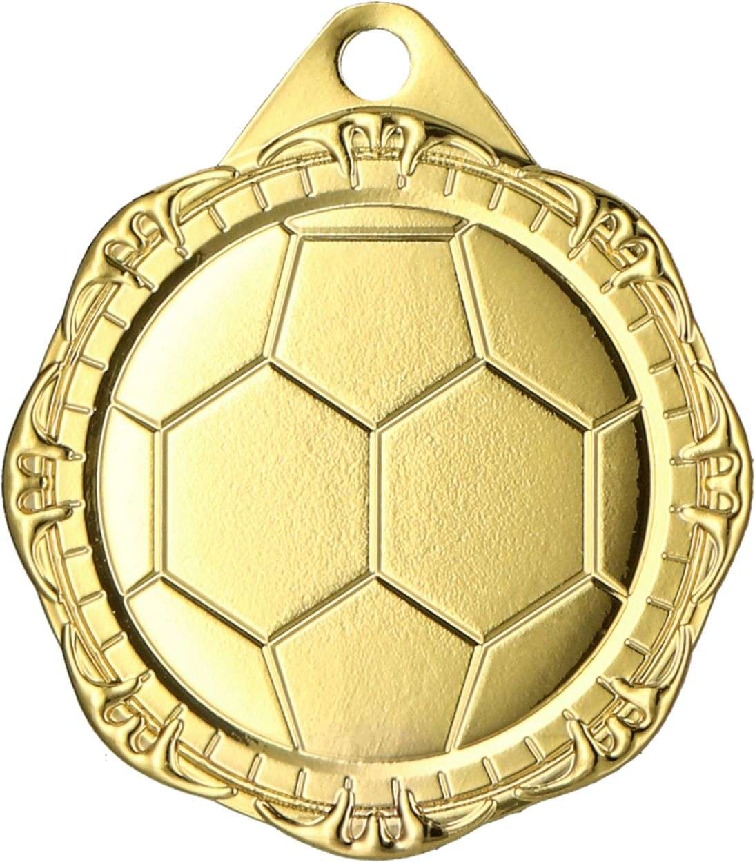 Goldene Fußballmedaille mit Sechseck- und Fünfeckmuster in der Mitte, umgeben von einem dekorativen Rand und einem kleinen Loch für ein Band an der Oberseite. Diese Medaillen Moers 32 mm MMC1232 von Anbieter A spiegeln die Fußballleidenschaft wunderschön wider und sind somit perfekt für jeden Champion.