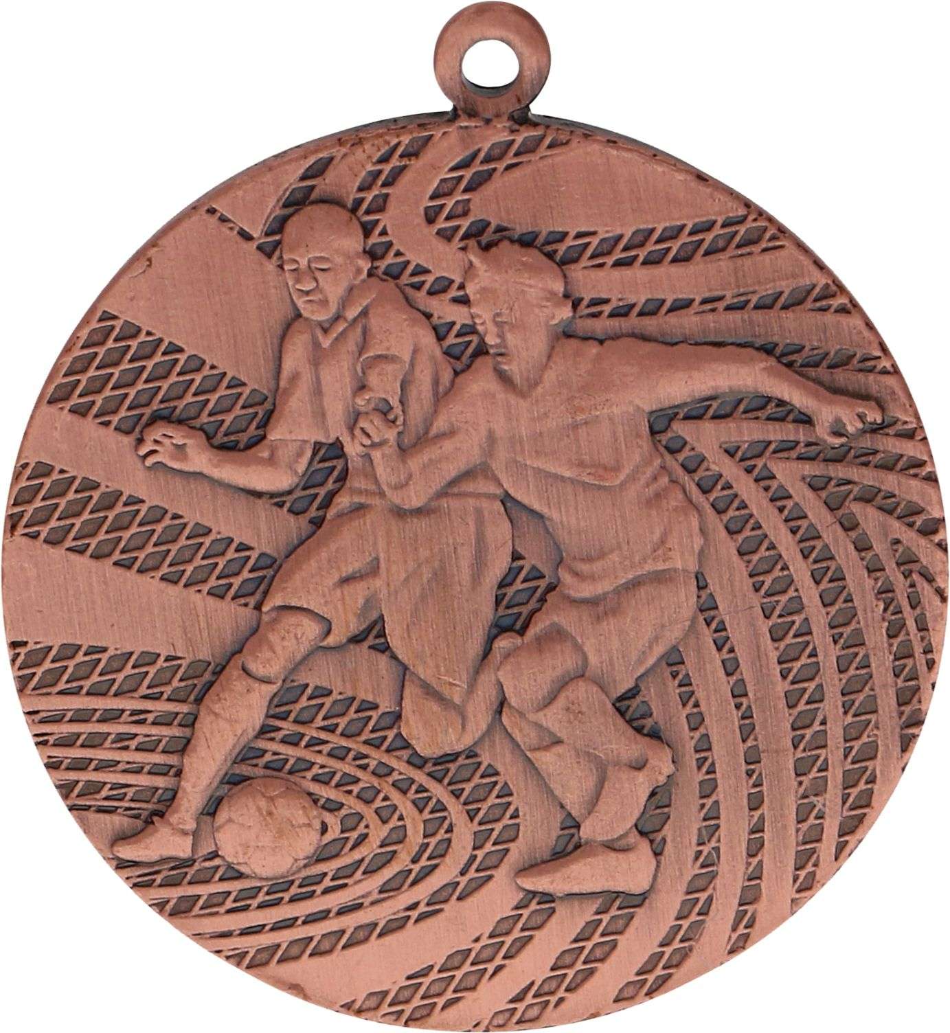 Bronzemedaille mit zwei Fußballspielern in Aktion und abstrakten Mustern im Hintergrund, die ein exquisites Fußballdesign zeigt, das wahre Gewinner feiert. Wir präsentieren die Medaillen Siegen 40 mm MMC1340 von Anbieter A.