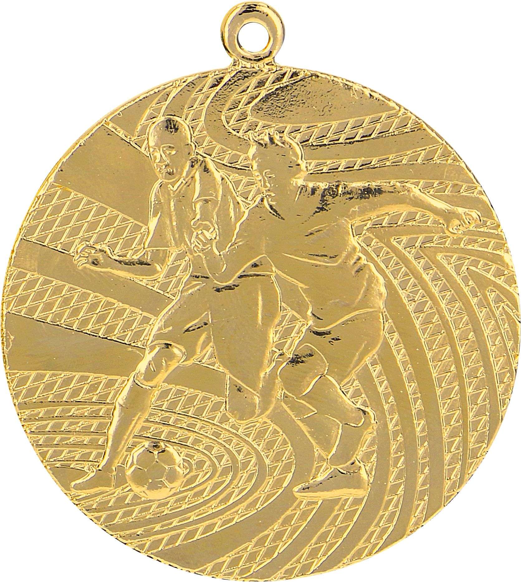 Ein Goldmedaillon mit einem geprägten Fußballdesign mit zwei Fußballspielern in Aktion und einem Wirbelmuster im Hintergrund, das den Geist von Medaillen Siegen 40 mm MMC1340 von Anbieter A symbolisiert.