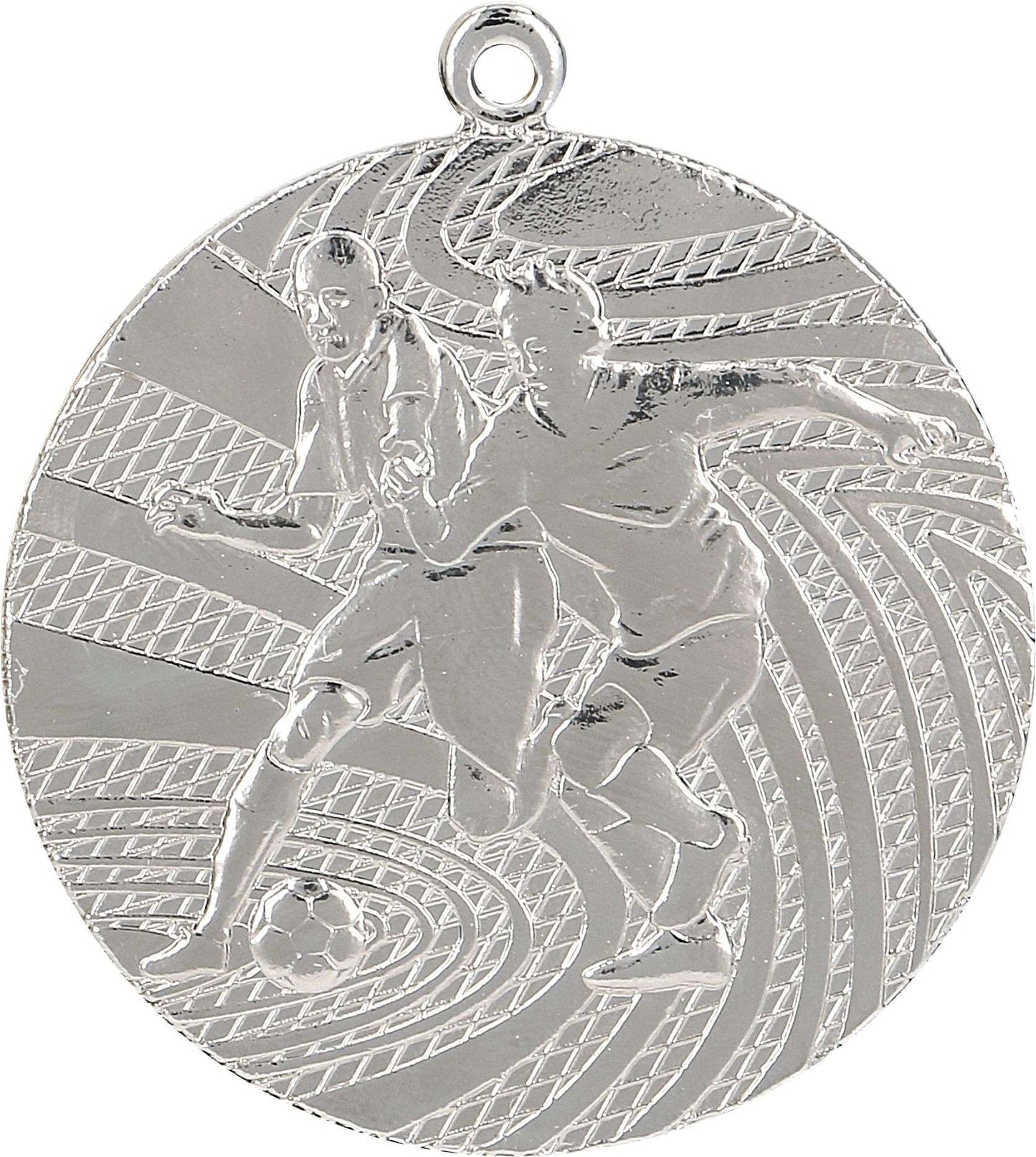 Eine Silbermedaille mit geprägtem Fußballdesign von zwei Fußballspielern in Aktion, mit abstrakten Mustern im Hintergrund, perfekt für jeden Gewinner. Wir präsentieren die Medaillen Siegen 40 mm MMC1340 von Anbieter A.