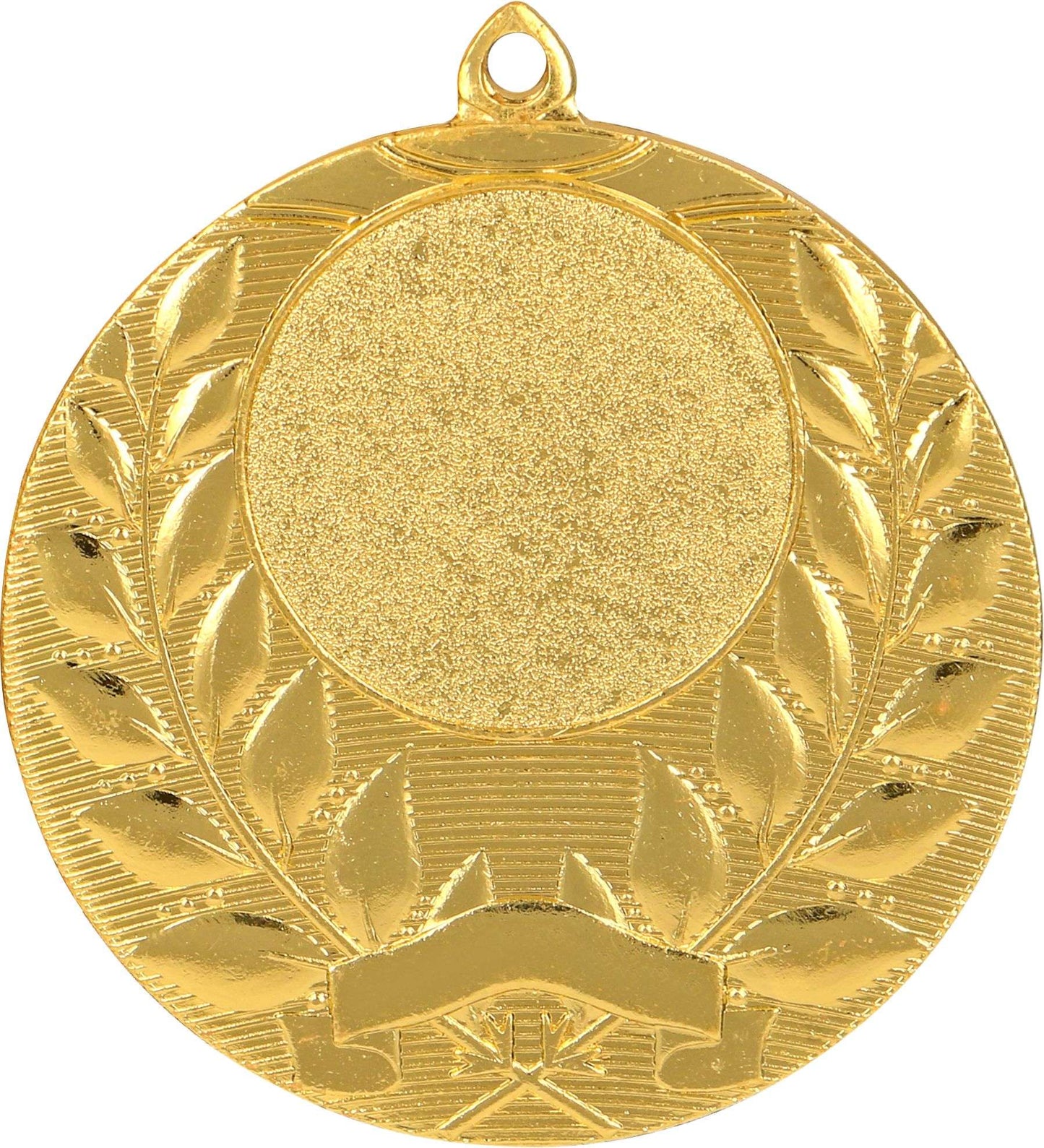 Eine Goldmedaille mit einer leeren, runden Mitte, umgeben von einem Blattdesign und einem kleinen leeren Banner am unteren Rand, perfekt als Andenken oder zum Würdigen von Leistungen bei **Anbieter A Medaillen Braunschweig 50 mm MMC1750**-Zeremonien.