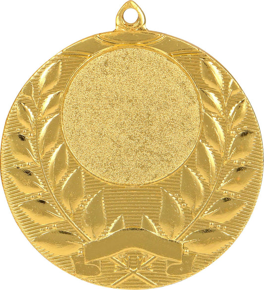 Eine Goldmedaille mit einer leeren, runden Mitte, umgeben von einem Blattdesign und einem kleinen leeren Banner am unteren Rand, perfekt als Andenken oder zum Würdigen von Leistungen bei **Anbieter A Medaillen Braunschweig 50 mm MMC1750**-Zeremonien.