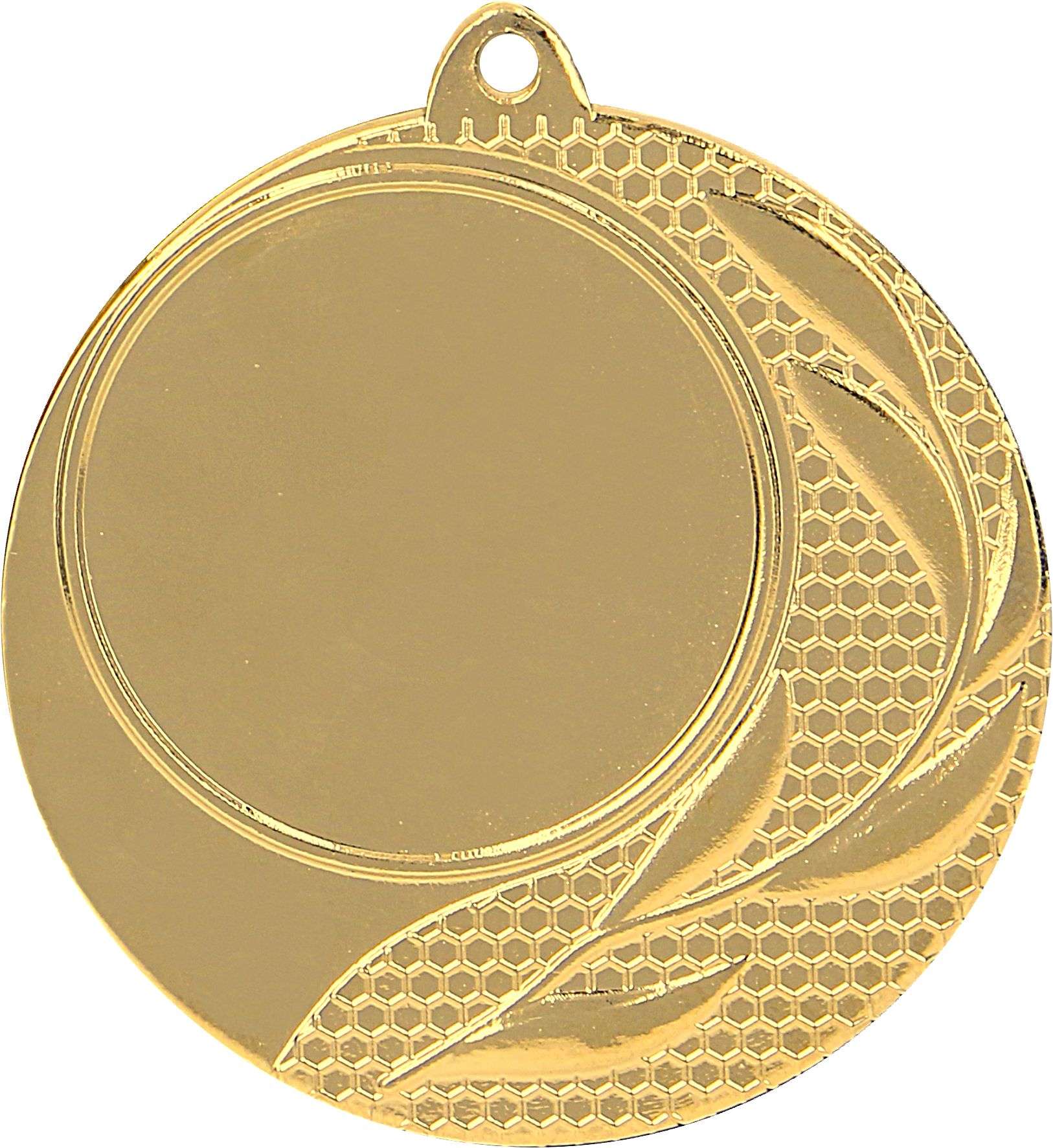 Eine Goldmedaille mit 40 mm Durchmesser und leerem Zentrum sowie einem dekorativen Muster mit Wabendesign und Blattmotiv auf der rechten Seite. Diese exklusive Medaille zeigt aufwendige Handwerkskunst, die hervorsticht, perfekt für prestigeträchtige Veranstaltungen oder als Teil der Medaillen Dortmund 40 mm MMC2540-Kollektion von Anbieter A.