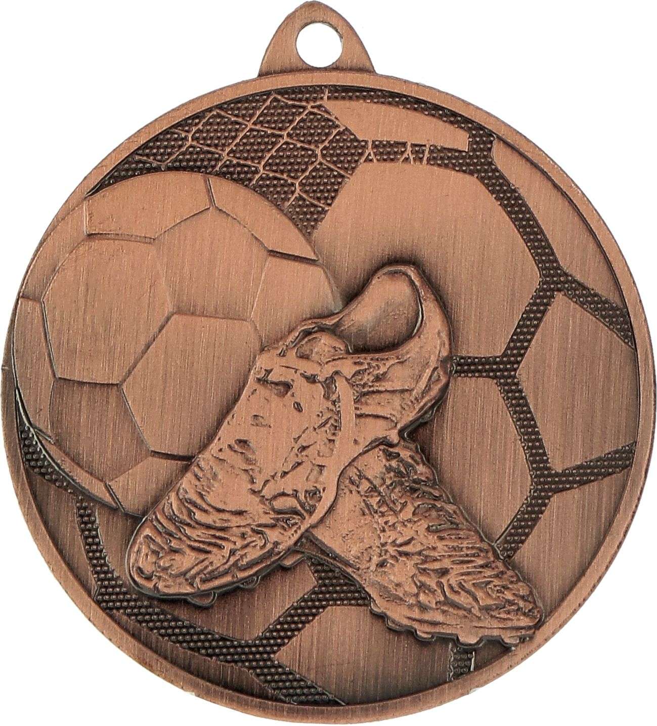 Eine bronzene Medaillen Trier 50 mm MMC28050 von Anbieter A mit einem Relief eines Fußballs, eines Netzes und eines Paar Stollen, ideal für jedes Fußballturnier, das von Ihrem örtlichen Sportverein veranstaltet wird.