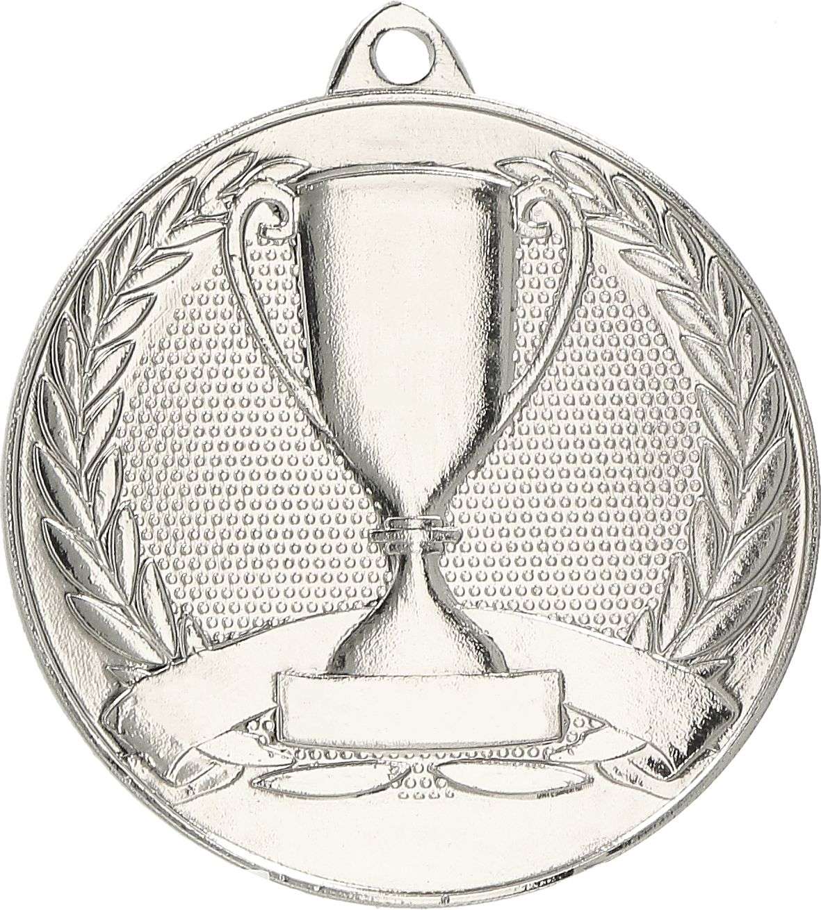 Eine silberne Medaille mit einem erhabenen Trophäendesign in der Mitte, umgeben von Lorbeerblättern, perfekt für jede Auszeichnung oder jeden Sieg: Medaillen Neuss 50 mm MMC30050 von Anbieter A.