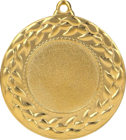 Eine 45 mm große Goldmedaille hat eine strukturierte Mitte und ein Lorbeerkranz-Design am Rand. Die Medaillen Bochum 45 mm MMC3045 von Anbieter A hat oben eine kleine Schlaufe zum Anbringen eines Bandes und ist somit perfekt für Sportveranstaltungen.