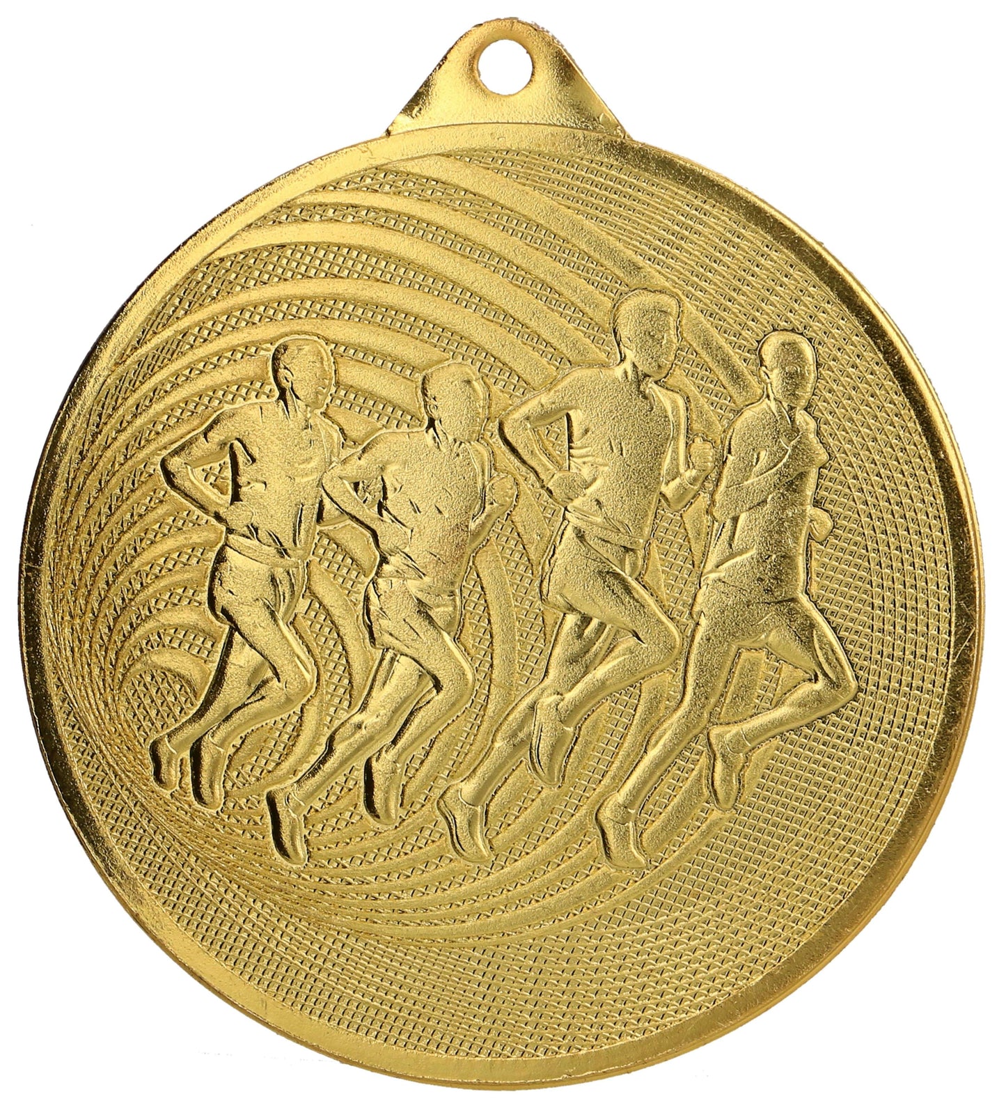 Goldmedaille mit einer Gravur von vier laufenden Athleten in Bewegung, vor einem strukturierten Hintergrund mit einem kleinen Loch oben zum Aufhängen. Diese Medaillen Pforzheim 70 mm MMC3071 feiern sportliche Erfolge und tragen die charakteristische Qualität von Anbieter A.