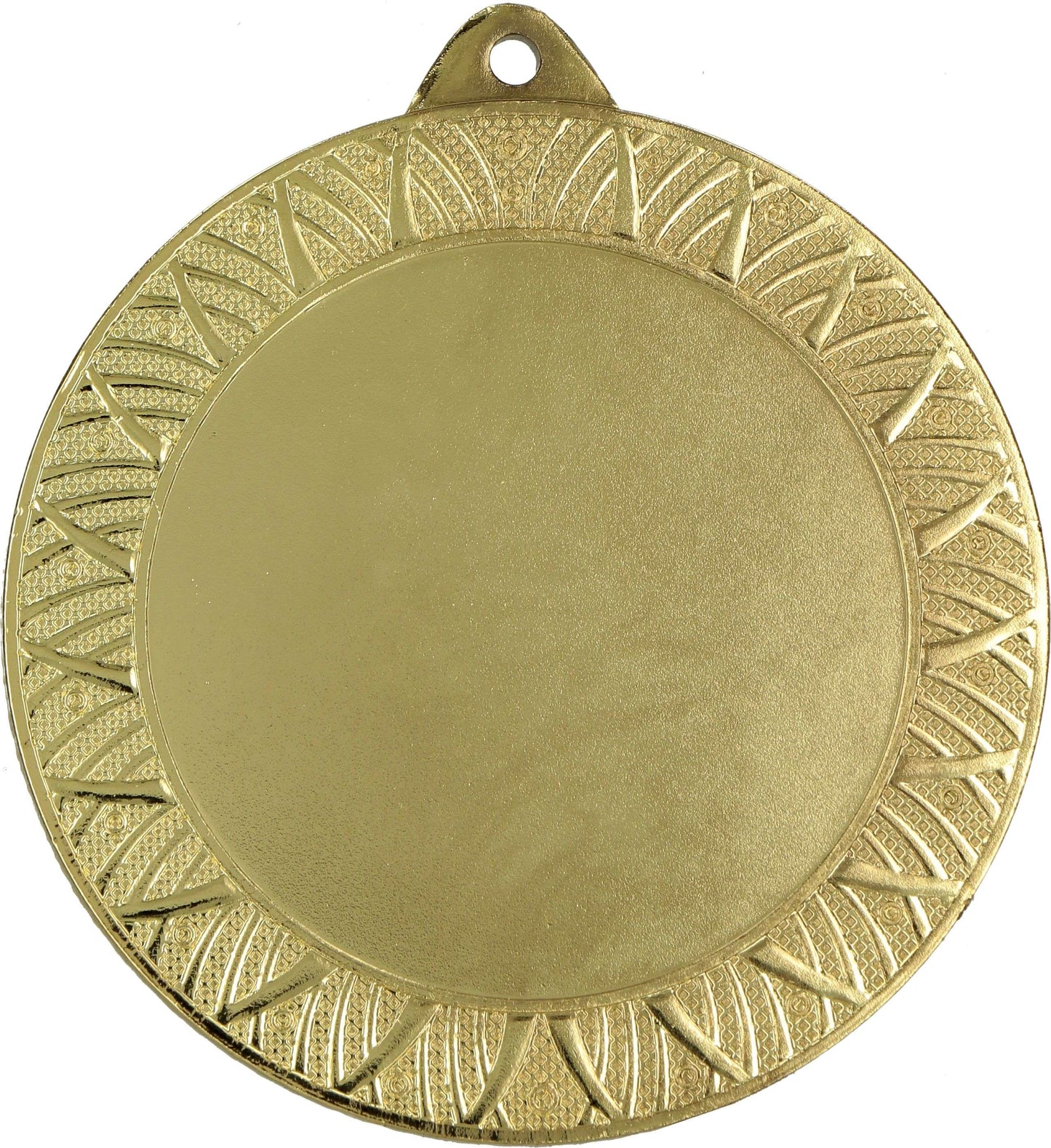 Eine schlichte, goldfarbene Medaille mit dekorativem Rand und einer kleinen Schlaufe am oberen Ende zum Befestigen eines Bandes, perfekt für besondere Anlässe, die Medaillen Saarbrücken 70mm MMC3080 von Anbieter A.