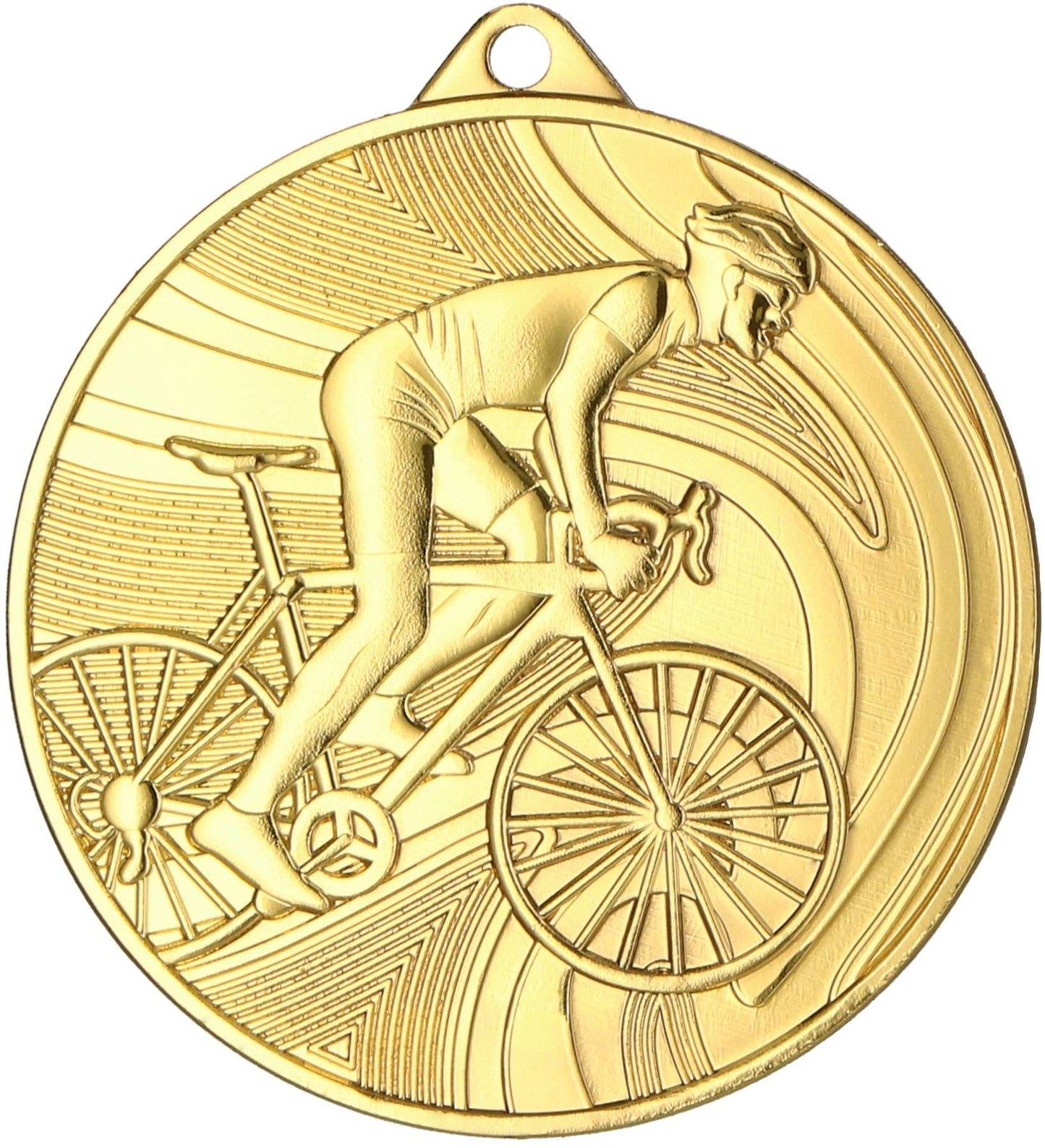 Eine Goldmedaille mit dem geprägten Bild eines Radfahrers auf einem Fahrrad vor einem wirbelnden abstrakten Hintergrund, perfekt für jeden Radsport-Gewinner. Produktname: Medaillen Erlangen 50 mm MMC38050 von Anbieter A.