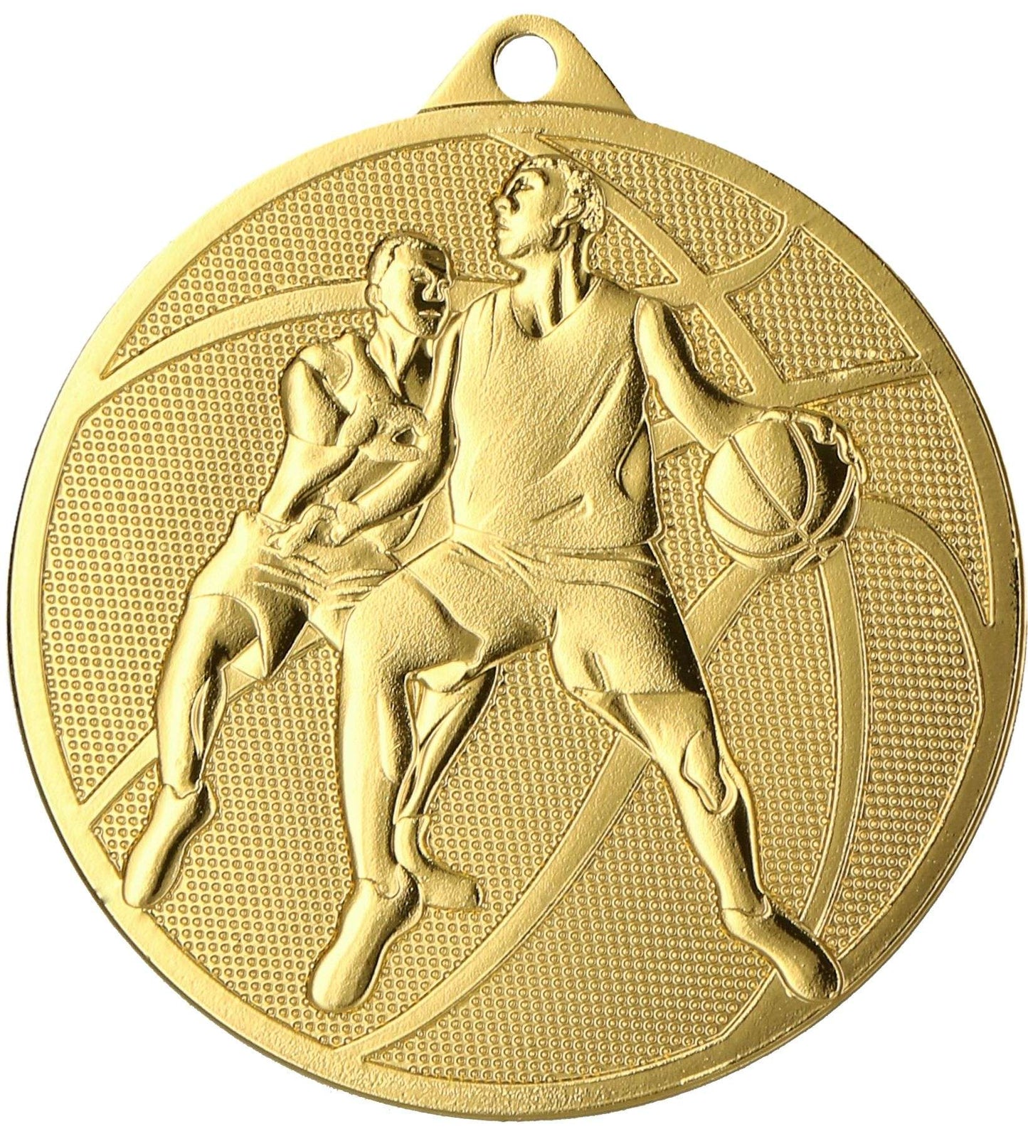 Eine goldene Medaillen Bremerhaven 50 mm MMC40050 von Anbieter A, die zwei Basketballspieler in Aktion zeigt, wobei ein Spieler den Ball dribbelt und der andere verteidigt. So wird die Essenz des Basketballs als wohlverdiente Belohnung eingefangen.