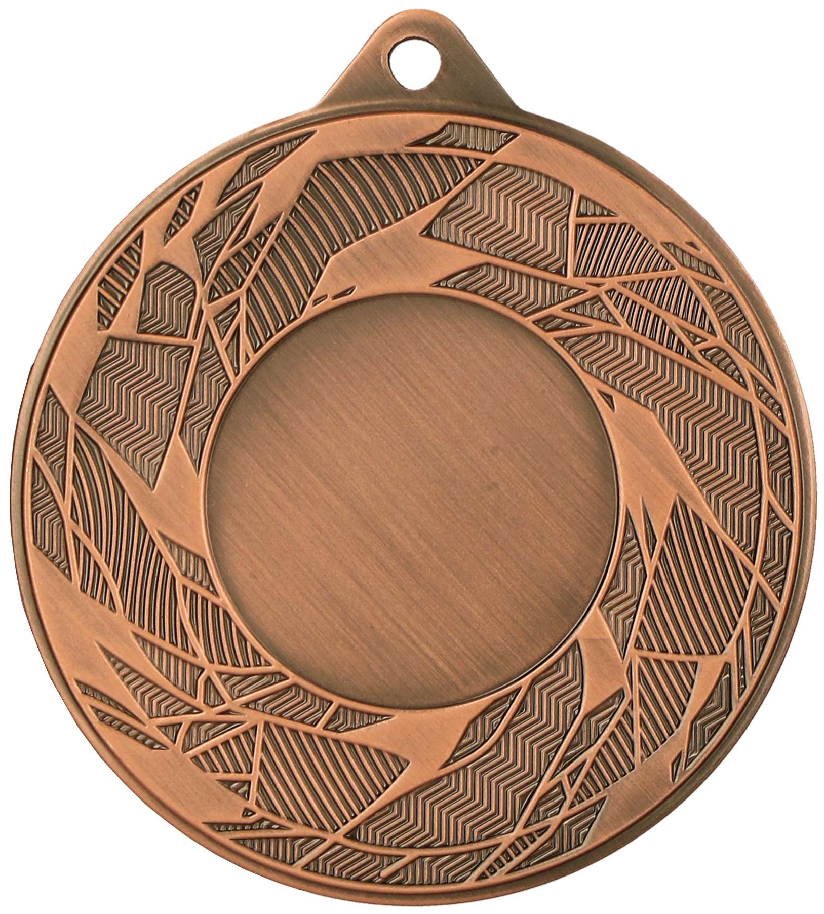 Eine runde Bronzemedaille mit geometrischen Gravuren und einer Öse an der Oberseite zur Befestigung eines Bandes, perfekt zum Gedenken an bemerkenswerte Leistungen. Die Mitte ist leer und glatt und kann individuell gestaltet werden. Dies ist die Medaillen Münster 50 mm MMC42050 von Anbieter A.