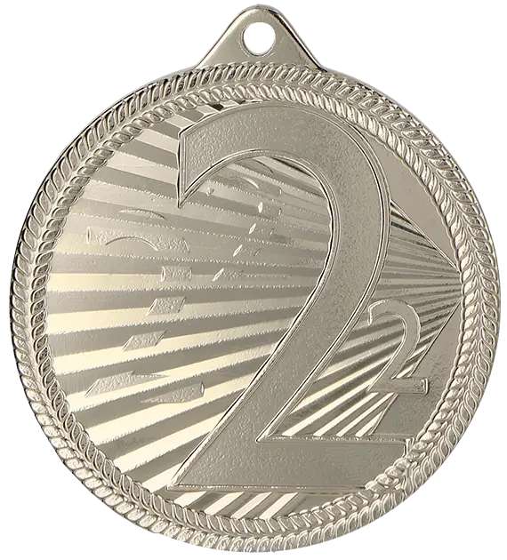 Eine Silbermedaille mit der deutlich sichtbaren Zahl „2“ in einem strukturierten, sonnenstrahlenähnlichen Design und mit geflochtenem Rand, perfekt für jeden Gewinner des Medaillen Osnabrück 50 mm MMC44050 von Anbieter A.