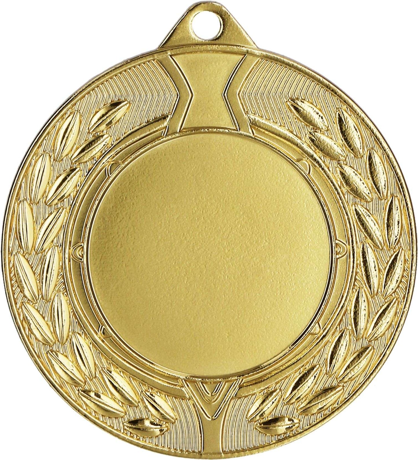 Eine Goldmedaille mit leerem Mittelbereich, verziert mit einem Lorbeerkranzmuster am Rand, gefertigt aus hochwertigen Materialien zur Würdigung sportlicher Leistungen: Medaillen Wuppertal 45 mm MMC4501 von Anbieter A.