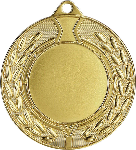 Eine Goldmedaille mit leerem Mittelbereich, verziert mit einem Lorbeerkranzmuster am Rand, gefertigt aus hochwertigen Materialien zur Würdigung sportlicher Leistungen: Medaillen Wuppertal 45 mm MMC4501 von Anbieter A.