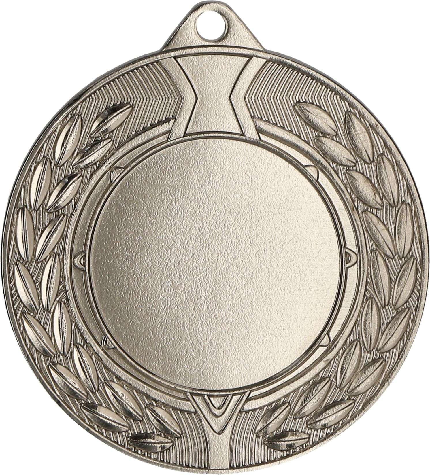 Eine runde, metallische Medaille aus hochwertigen Materialien mit einem erhabenen Kreis in der Mitte und einem Lorbeerblatt-Design an den Rändern. Hergestellt von Anbieter A, hat sie oben ein kleines Loch zum Anbringen eines Bandes oder einer Kordel, perfekt zum Feiern sportlicher Leistungen. Dies ist die Medaillen Wuppertal 45 mm MMC4501.