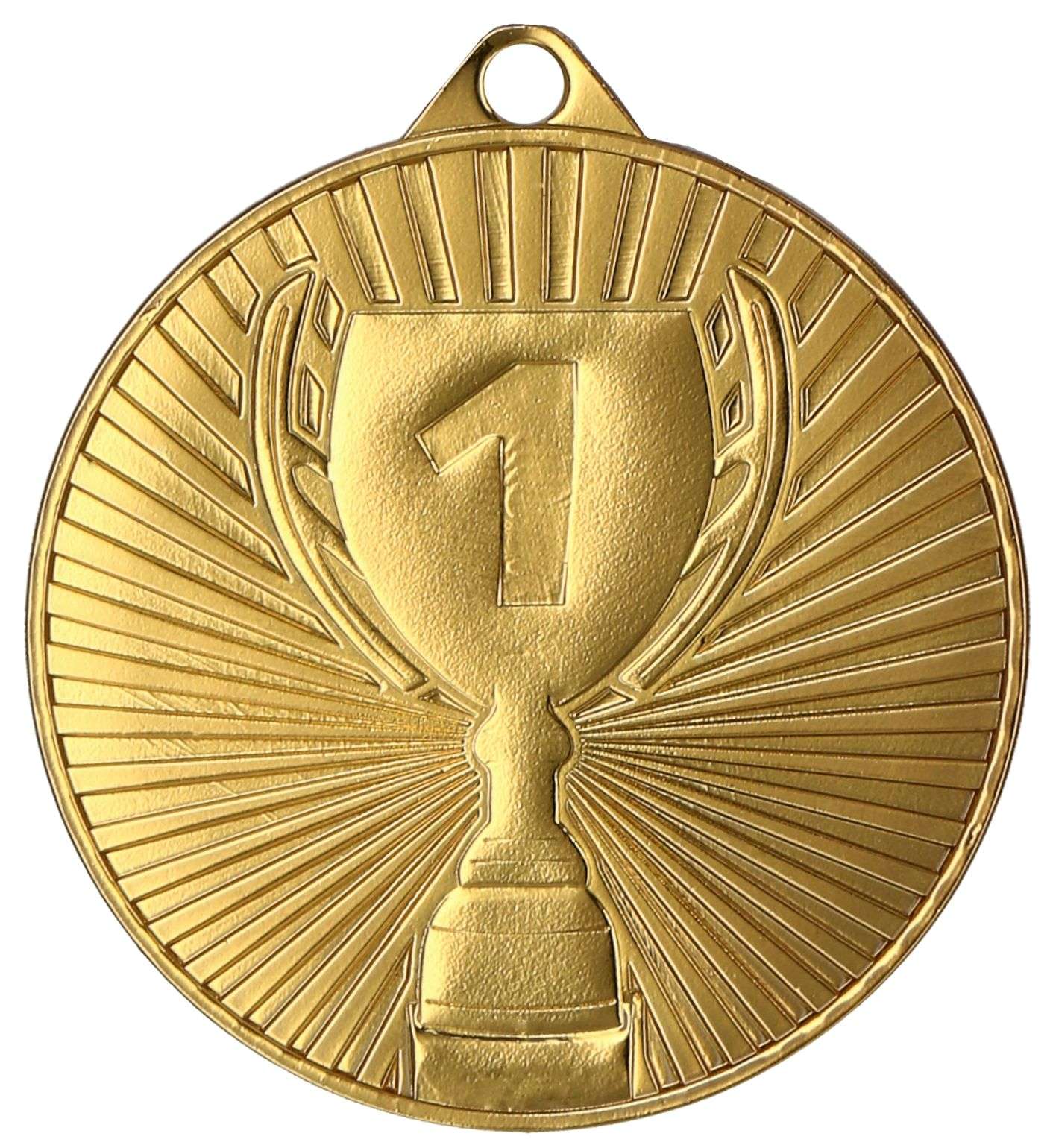 Eine Goldmedaille im Trophäendesign mit der Zahl „1“ in der Mitte, die den ersten Platz symbolisiert. Diese aus hochwertigem Material gefertigte Medaillen Regensburg 45 mm MMC4504 von Anbieter A ist eine perfekte Event-Andenken.