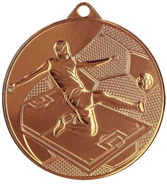 Eine goldfarbene Medaille mit dem geprägten Bild eines Fußballspielers, der einen Ball kickt und stolz den Anbieter A Medaillen Kaiserslautern 50 mm MMC45050 repräsentiert, perfekt für jeden Fußballverein.