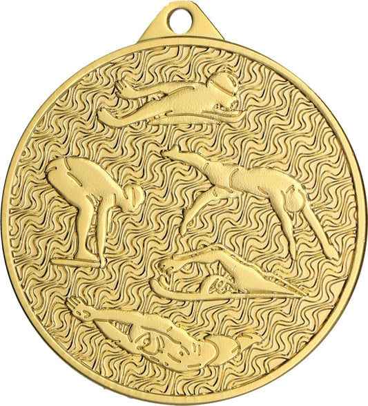 Eine goldene Medaille „Ludwigshafen“ 45 mm MMC4506 von Anbieter A mit Bildern von Menschen in verschiedenen Posen, perfekt für Schwimmsportveranstaltungen oder andere sportliche Leistungen.