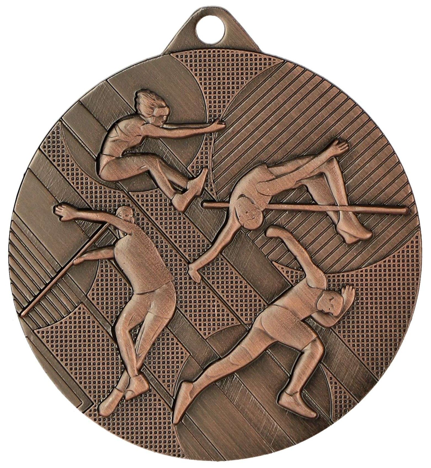 Eine Bronzemedaille mit erhabenen Bildern von Athleten verschiedener Leichtathletik-Veranstaltungen auf strukturiertem Hintergrund, die Medaillen Bergisch Gladbach 45 mm MMC4508 von Anbieter A.