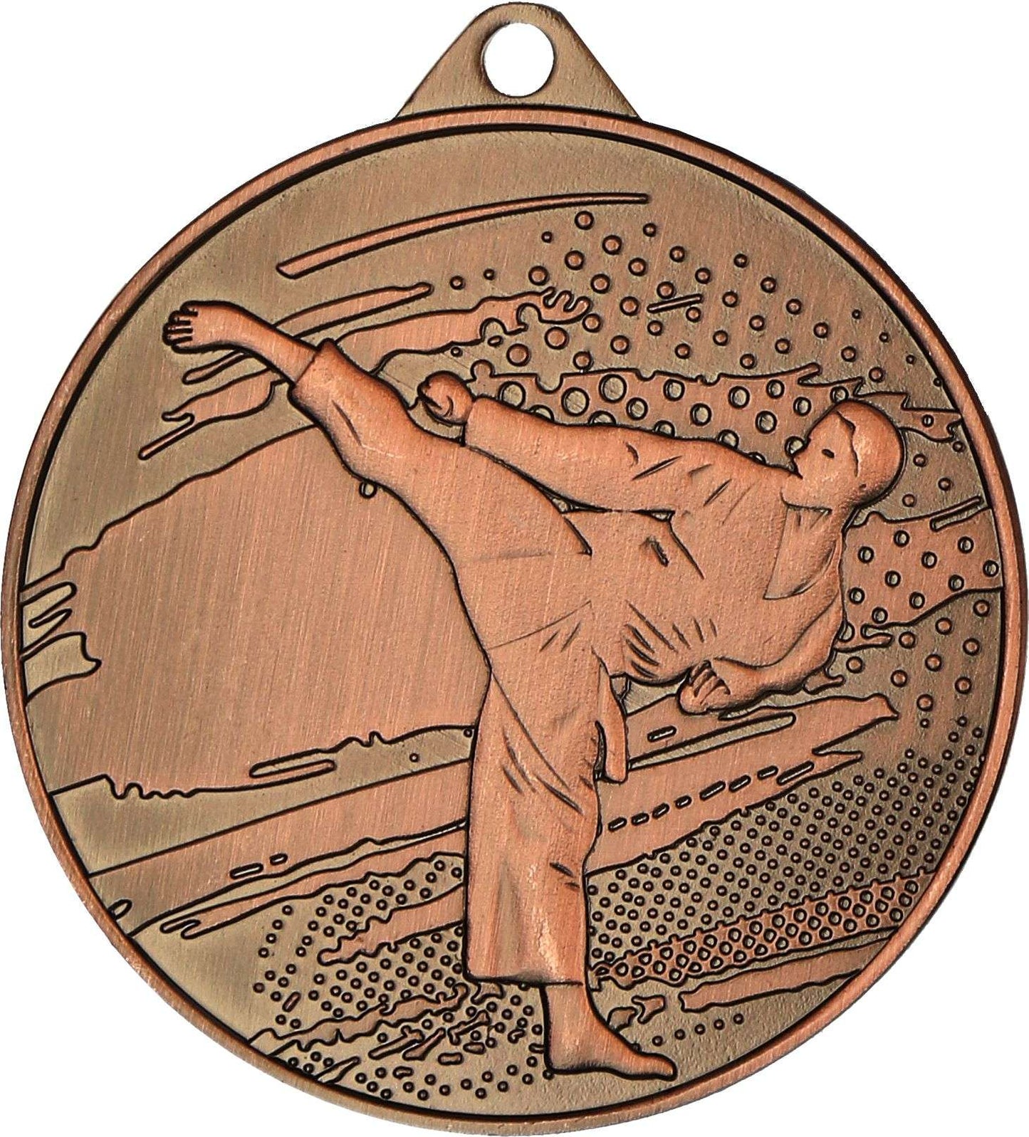 Eine Bronzemedaille, Größe von 45 mm, mit der Gravur eines Kampfsportlers, der einen hohen Tritt ausführt, mit strukturierten Mustern im Hintergrund. Perfekt für jeden Kampfsportfan. Dies ist die Medaillen Bottrop 45 mm MMC4509 von Anbieter A.