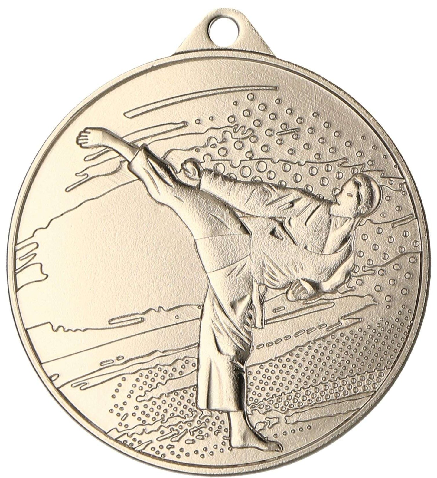 Eine Goldmedaille, Größe von 45 mm, mit einem erhabenen Design eines Kampfsportlers, der einen hohen Kick ausführt, mit einem Hintergrund aus dynamischen Linien und Punkten – perfekt für jeden Kampfsportfan. Dies ist die Medaillen Bottrop 45 mm MMC4509 von Anbieter A.