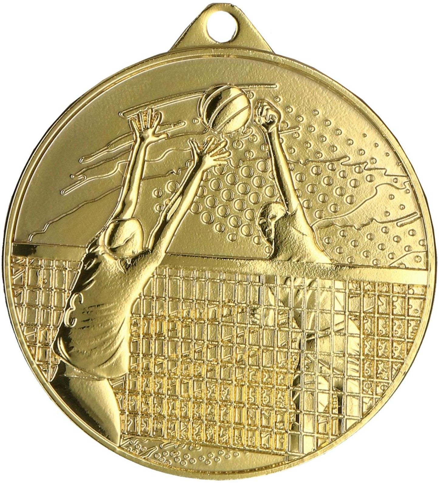 Eine Goldmedaille mit der Abbildung zweier Volleyballspieler, die über ein Netz springen und nach einem Ball greifen. Sie stellt eine außergewöhnliche Auszeichnung im Volleyball-Wettkampf dar. Die Medaillen Rostock 45mm MMC4510, exklusiv erhältlich beim Anbieter A.