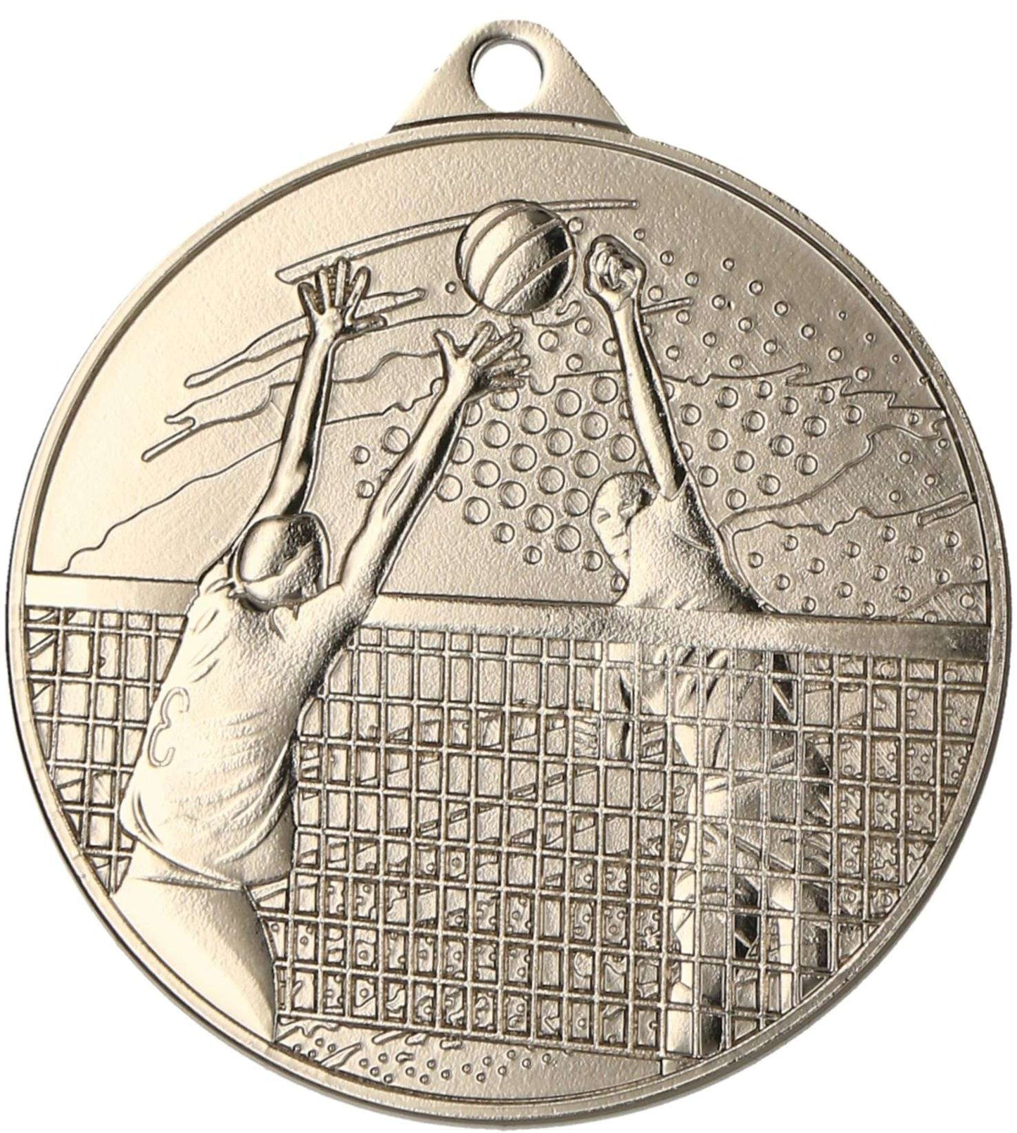 Eine runde, geprägte Medaille von Anbieter A zeigt zwei Volleyballspieler an einem Netz, die beide nach dem Ball greifen. Der Hintergrund enthält stilisierte Elemente, die möglicherweise das Publikum oder die Stadionbeleuchtung darstellen – eine außergewöhnliche Auszeichnung für Volleyball-Wettkämpfe. Dies ist die Medaillen Rostock 45 mm MMC4510.