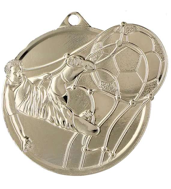 Eine Silbermedaille mit einem Fußball, perfekt für jedes Fußballturnier. Diese hochwertigen Medaillen sind ein stolzes Angebot von Anbieter A Medaillen Hanau 60 x 50 mm MMC46050.