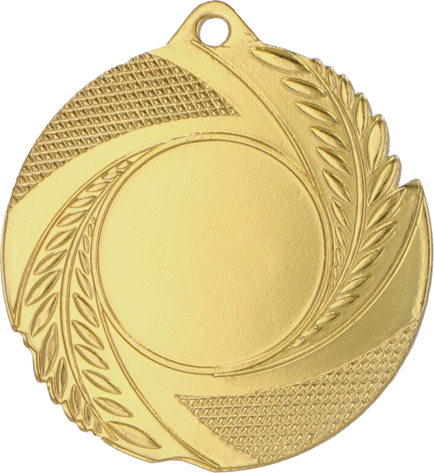 Goldene Medaille mit leerer Mitte, geometrischen und floralen Mustern und einem kleinen Loch oben zum Aufhängen. Perfekt für Sportveranstaltungen in Gelsenkirchen. Wir präsentieren die Medaillen Gelsenkirchen 50 mm MMC5010 von Anbieter A.