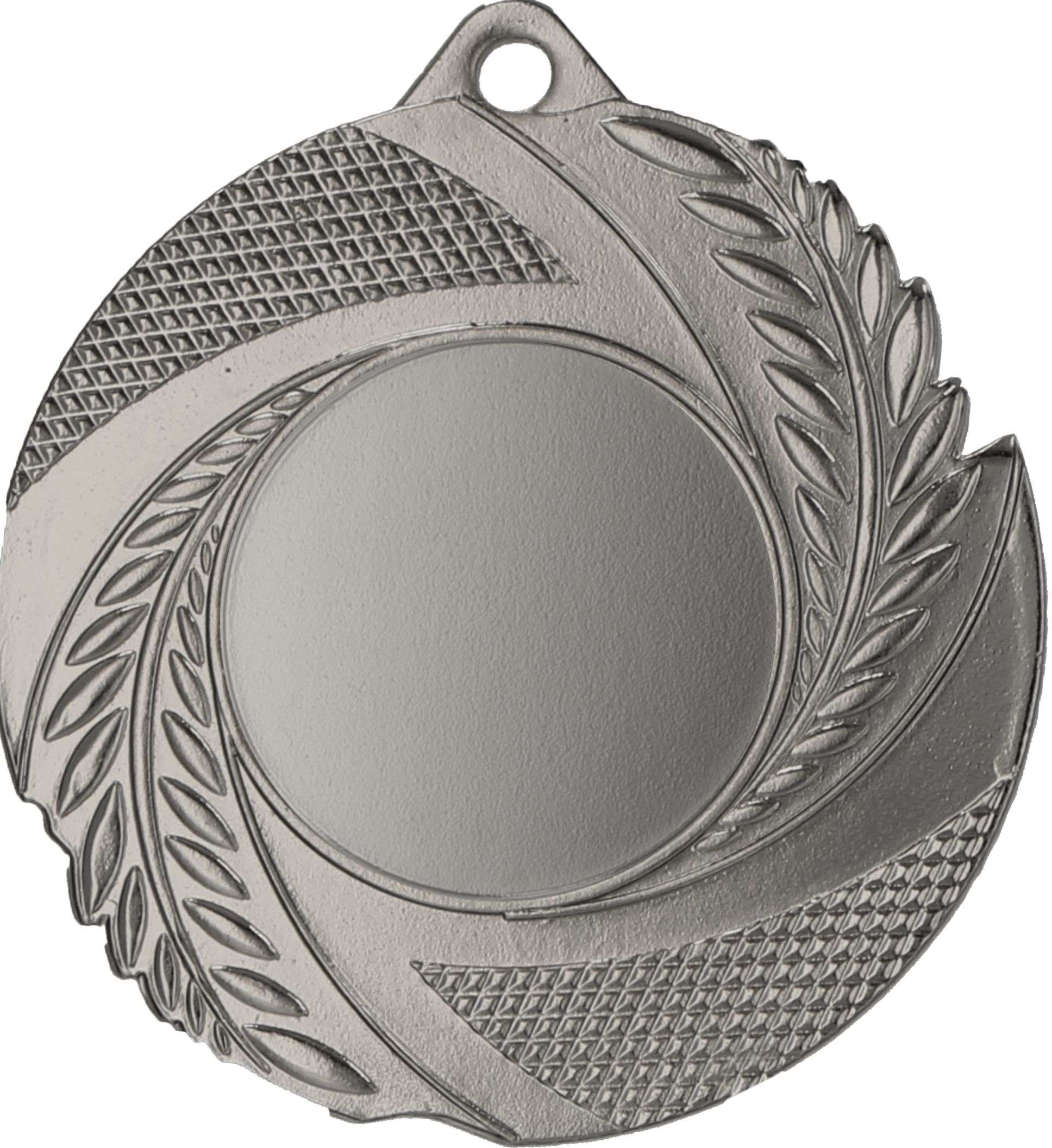 Eine silberfarbene Medaille mit strukturiertem Blätterdesign und runder, leerer Mitte, perfekt für Sportveranstaltungen in Gelsenkirchen: Medaillen Gelsenkirchen 50 mm MMC5010 von Anbieter A.