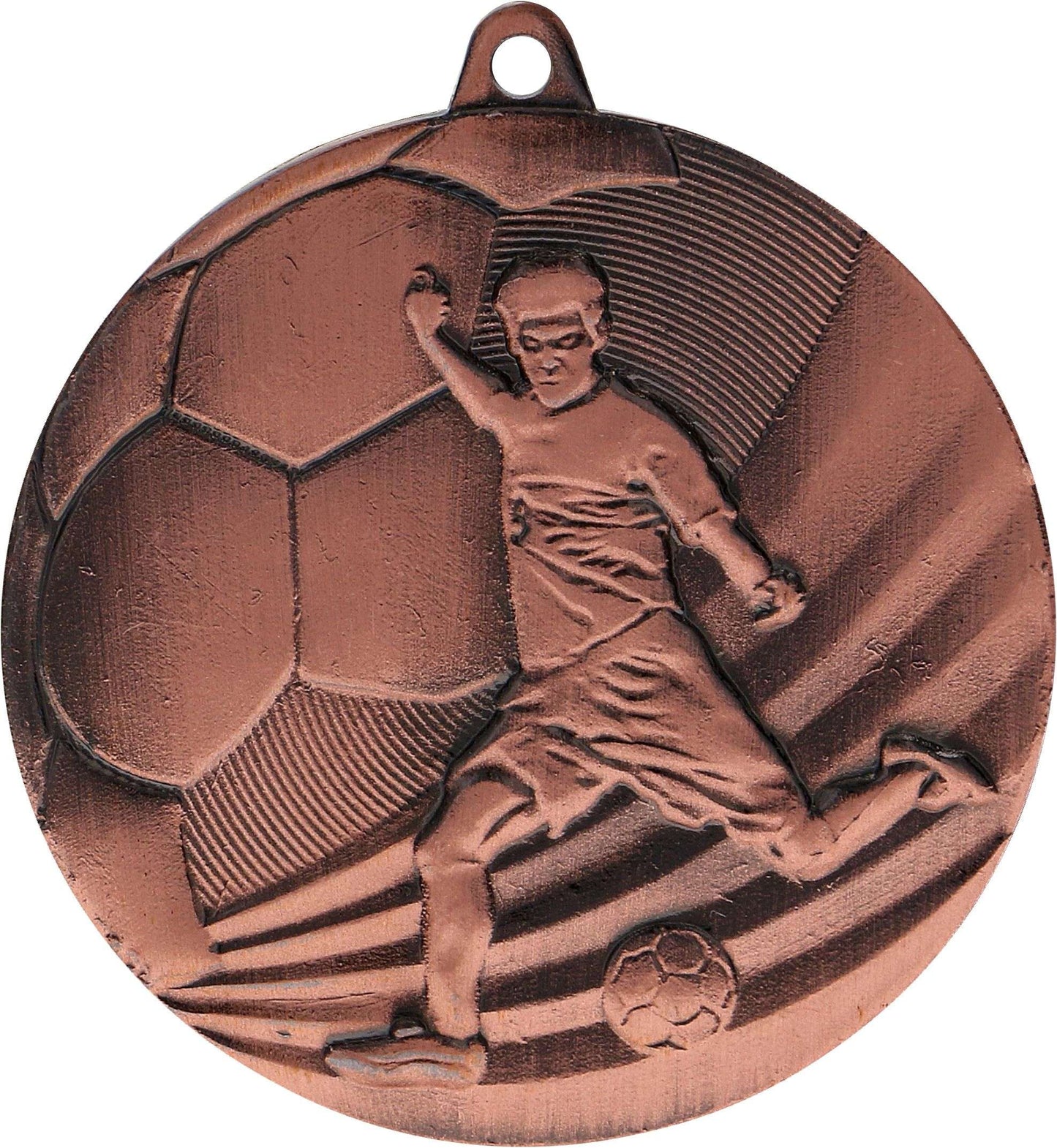 Eine bronzene Medaille Remscheid 50 mm MMC5055 von Anbieter A mit einem Fußballspieler-Motiv mit einem Fußball und einem Jungen, der den Ball kickt, perfekt für sportliche Veranstaltungen.