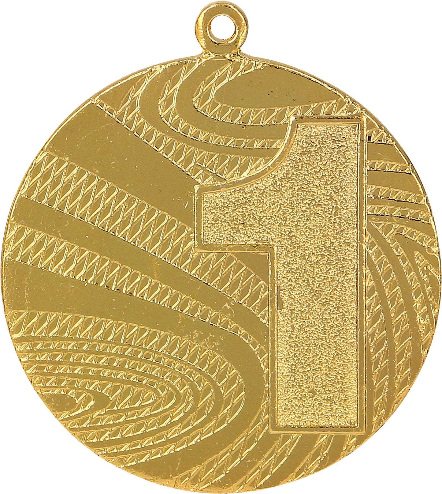 Eine Goldmedaille mit einer großen eingeprägten Zahl 1 und einem strukturierten, gewirbelten Muster im Hintergrund. Diese Medaille wurde als Teil der exquisiten Medaillen Berlin 40 mm MMC6040-Kollektion von Anbieter A gefertigt und ist perfekt für jeden Wettbewerb oder jedes Turnier.