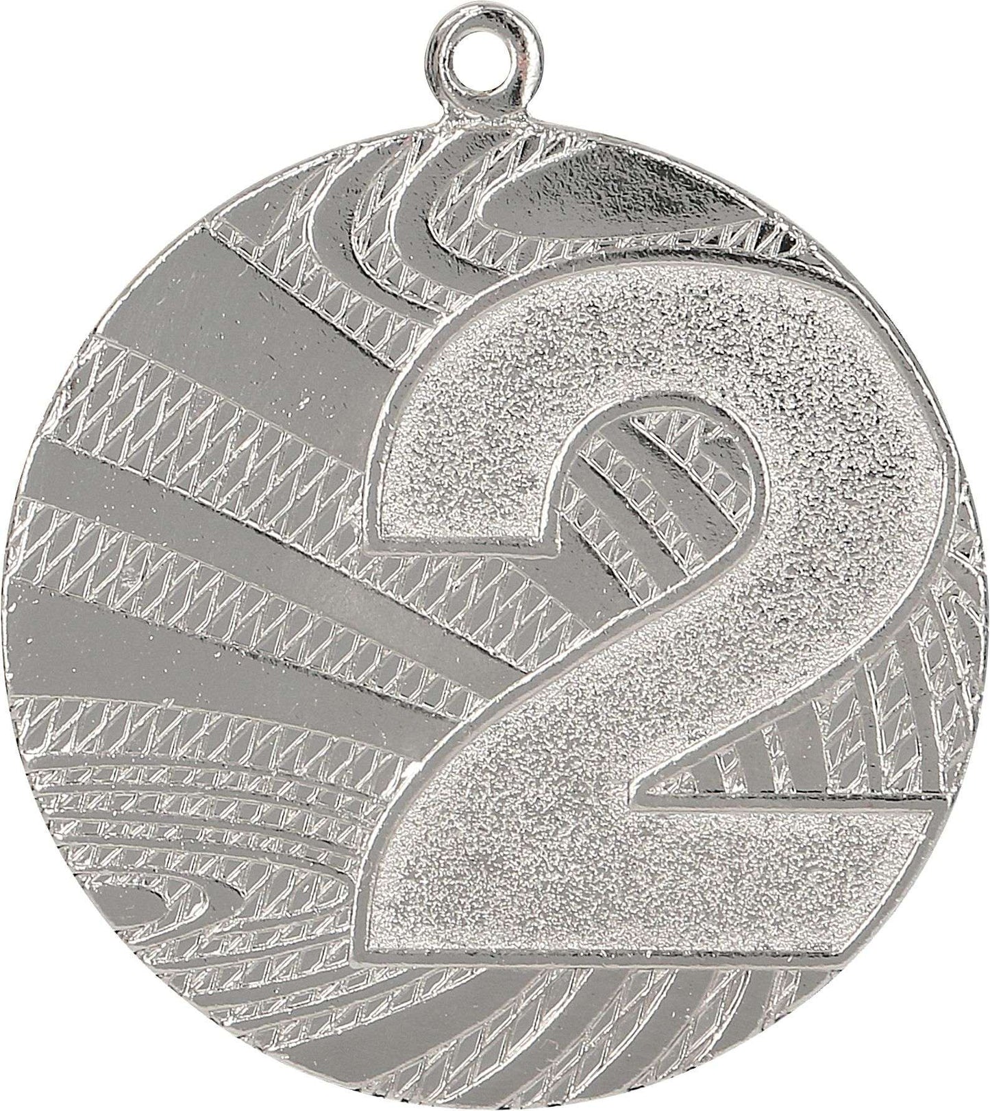 Eine Silbermedaille mit der großen Zahl „2“ in der Mitte, die einen zweiten Platz symbolisiert. Der Hintergrund hat ein strukturiertes, wirbelndes Muster. Diese Medaillen Berlin 40 mm MMC6040 ist ideal für jeden Wettbewerb oder jedes Turnier und zeigt die Qualität von Anbieter A.