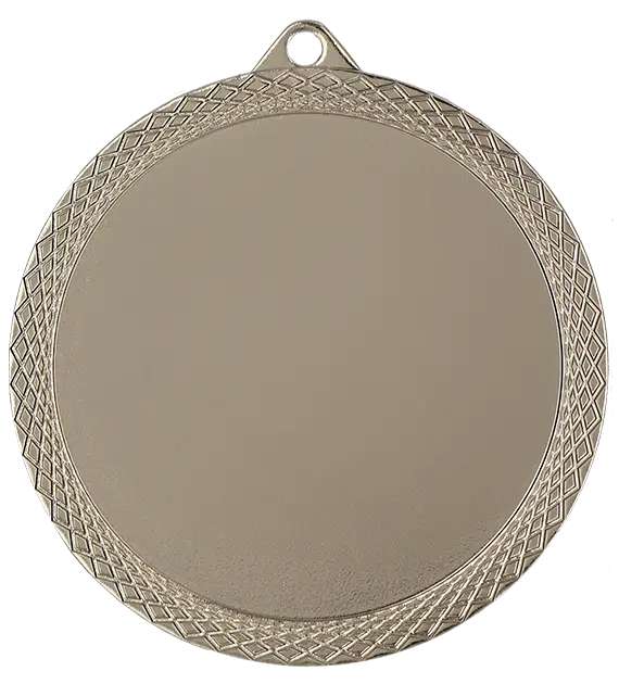 Eine Medaille Medaillen Magdeburg 60 mm MMC6062 von Anbieter A, runde Silbermedaille mit strukturiertem Rand und einem kleinen Loch oben zum Befestigen eines Bandes. Ideal für Sportwettbewerbe bei Medaillen Magdeburg, kann mit personalisierten Beschriftungen zur Erinnerung an Erfolge versehen werden.