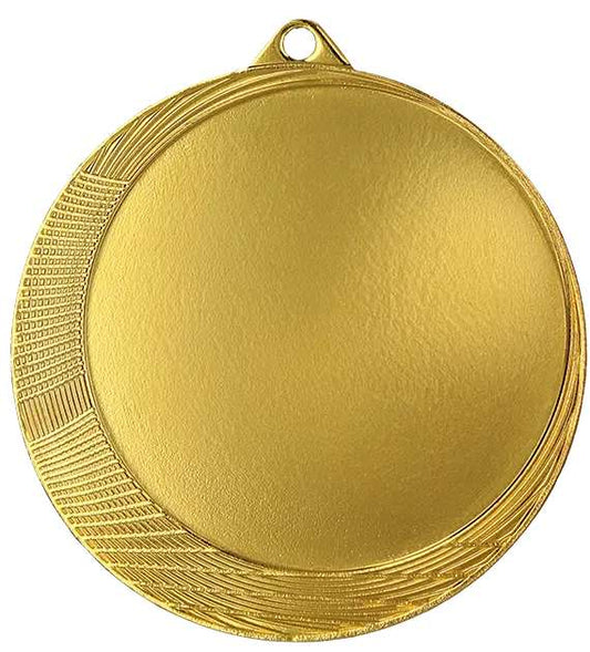 Eine schlichte Goldmedaille mit strukturierten Kanten, perfekt für Sportwettbewerbe, verfügt über ein kleines Loch an der Oberseite zur Befestigung eines Bandes und besticht durch die Handwerkskunst von Anbieter A‘s Medaillen Krefeld 60 mm MMC6063.