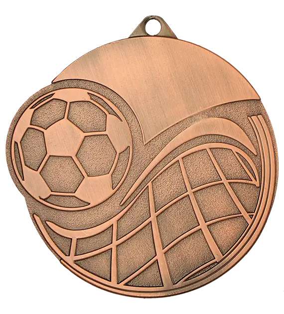 Eine bronzefarbene Medaille Reutlingen 60 mm MMC6065 mit geprägtem Fußball- und Netzdesign, perfekt verarbeitet. Diese 60 mm große Medaille ist ideal zum Gedenken an herausragende Leistungen auf dem Spielfeld. Perfekt gestaltet von Anbieter A.